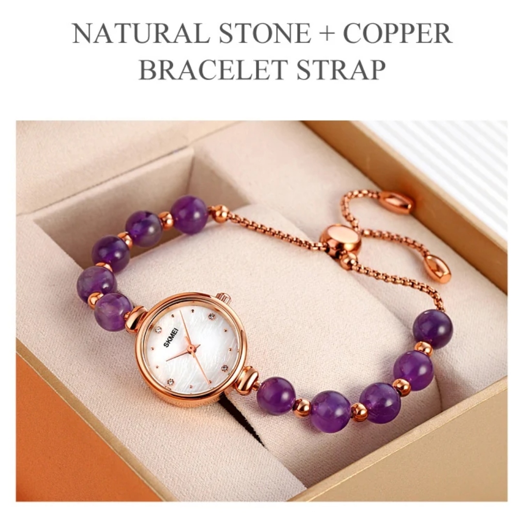 SKMEI 1983 Ladies Pearl Chain Watch - White Dial- Rose Golden Bezel- Purple Pearl+Rose Golden Chain- TF Code SK820CF_img_1
