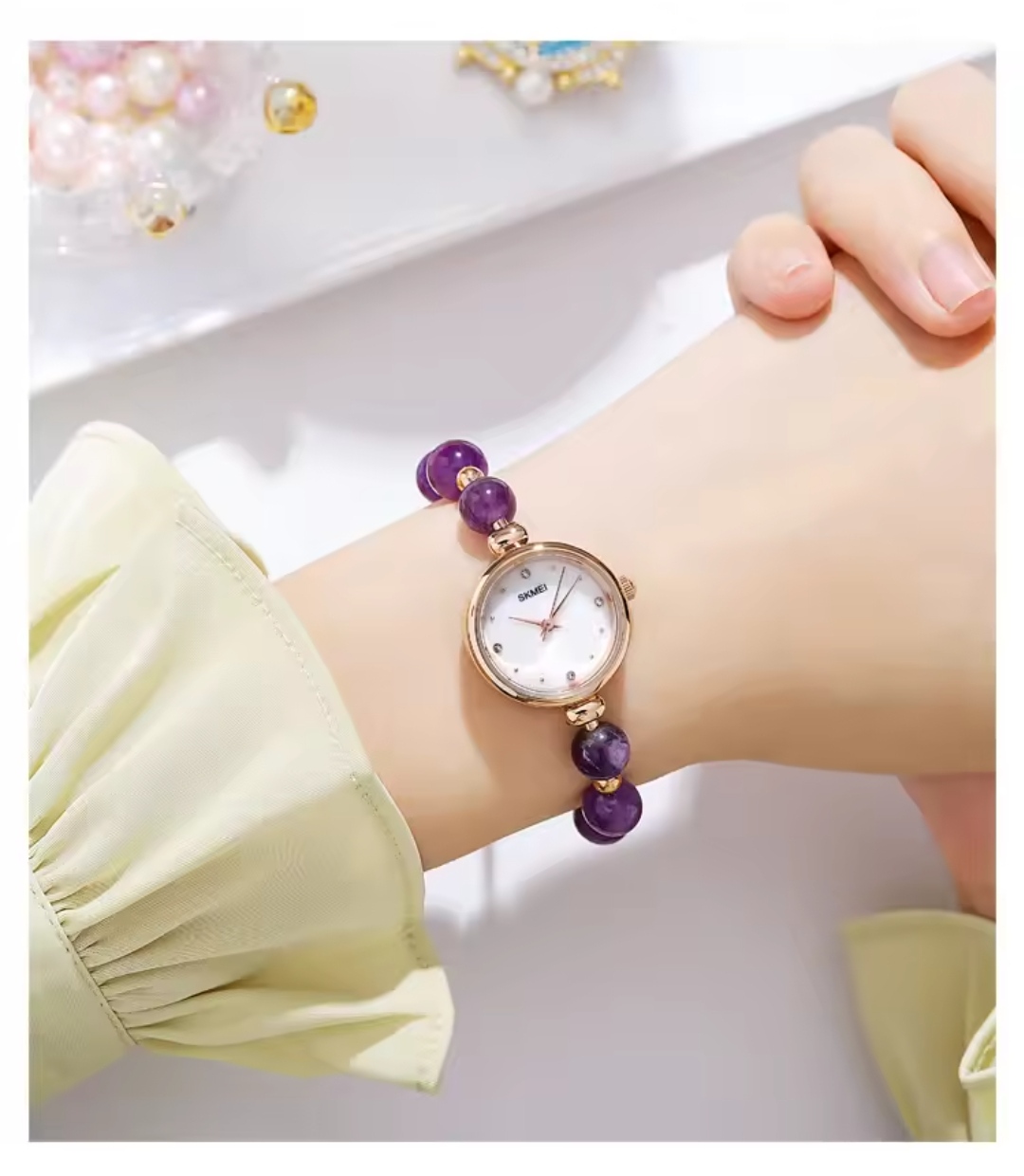 SKMEI 1983 Ladies Pearl Chain Watch - White Dial- Rose Golden Bezel- Purple Pearl+Rose Golden Chain- TF Code SK820CF_img_2