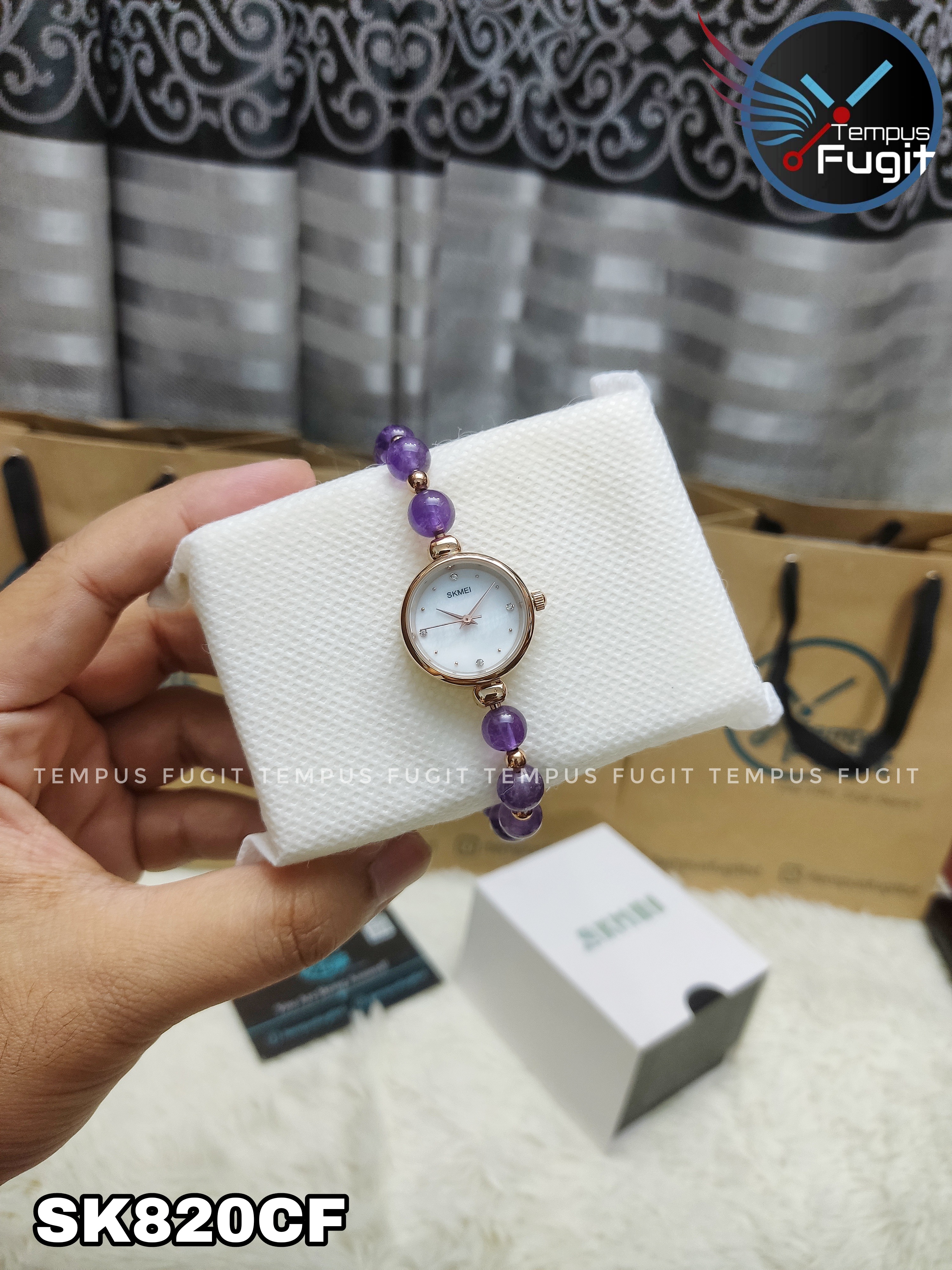 SKMEI 1983 Ladies Pearl Chain Watch - White Dial- Rose Golden Bezel- Purple Pearl+Rose Golden Chain- TF Code SK820CF_img_3