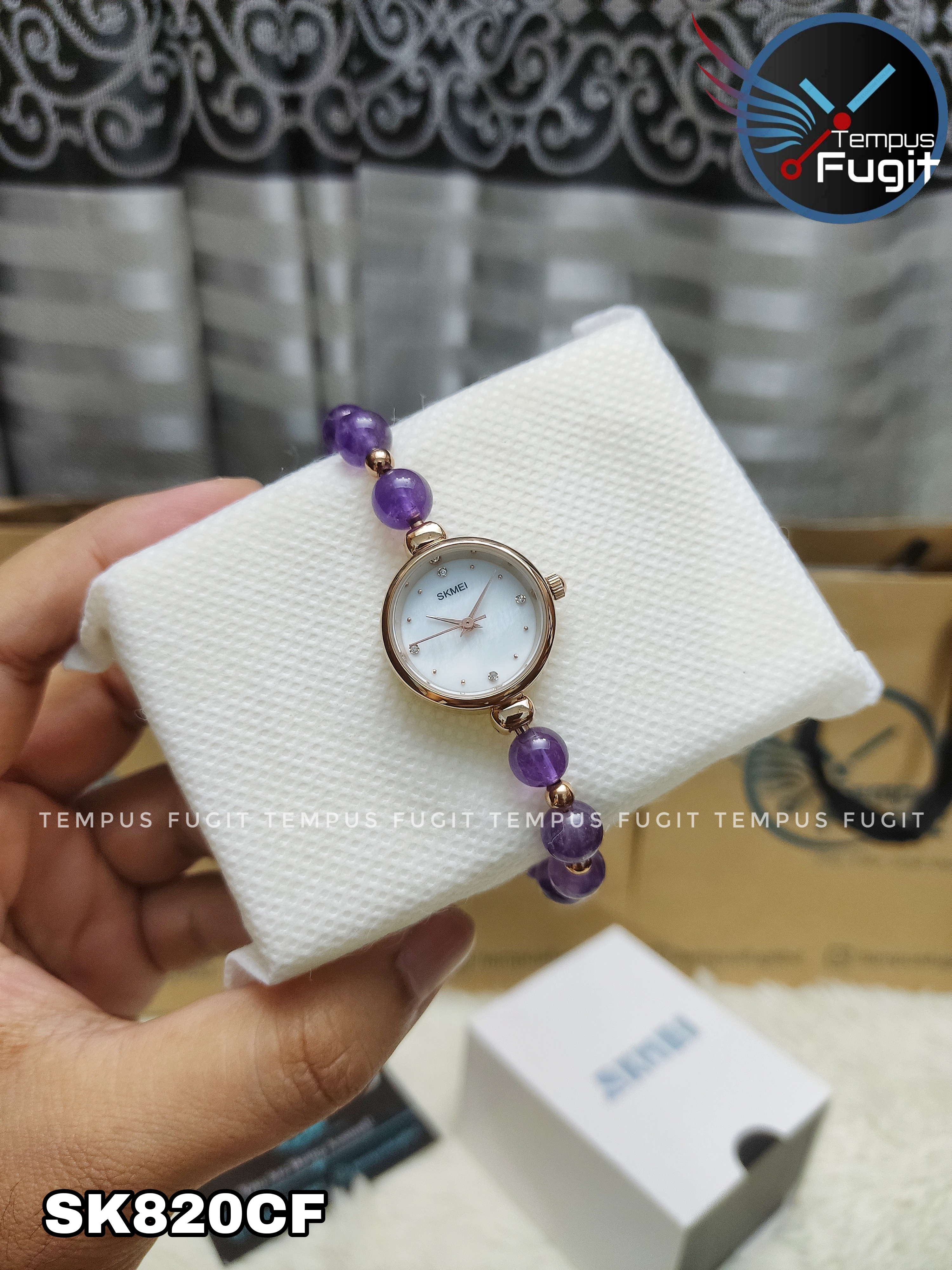 SKMEI 1983 Ladies Pearl Chain Watch - White Dial- Rose Golden Bezel- Purple Pearl+Rose Golden Chain- TF Code SK820CF_img_4