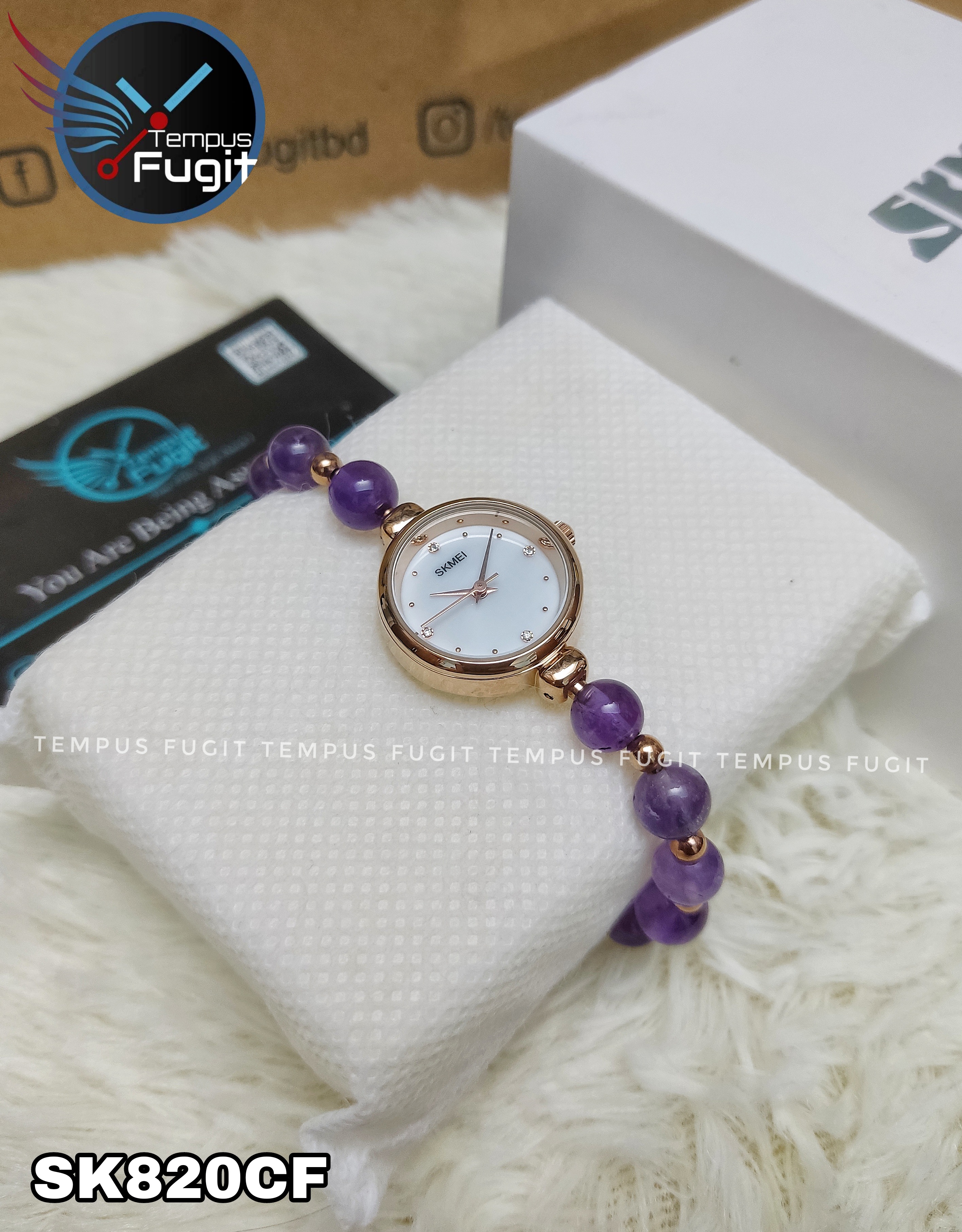 SKMEI 1983 Ladies Pearl Chain Watch - White Dial- Rose Golden Bezel- Purple Pearl+Rose Golden Chain- TF Code SK820CF_img_5