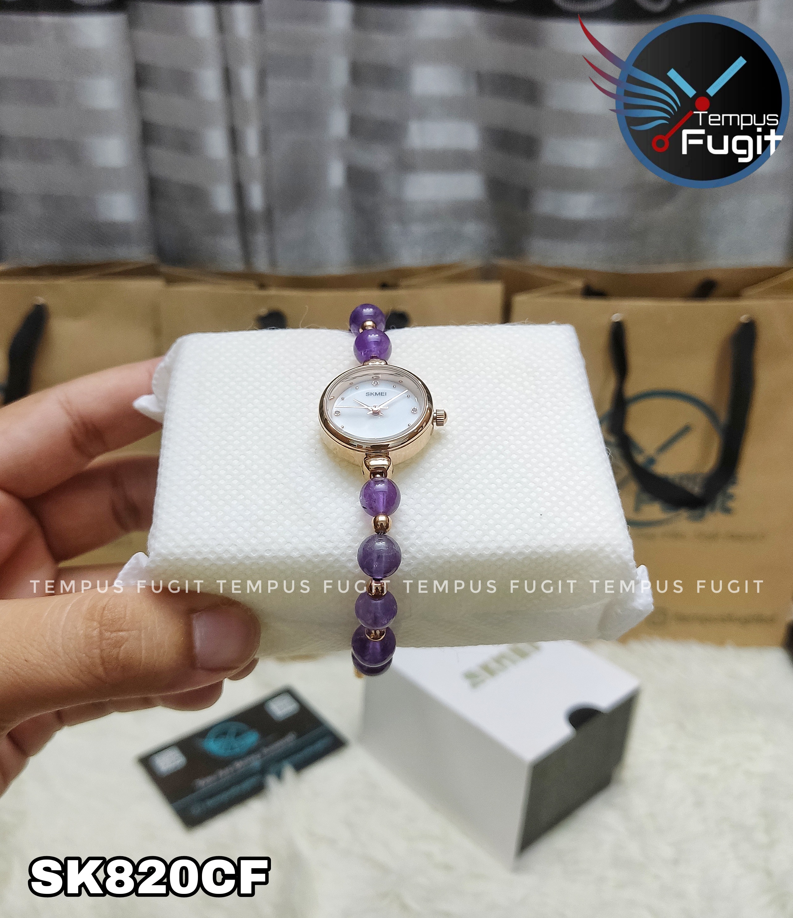 SKMEI 1983 Ladies Pearl Chain Watch - White Dial- Rose Golden Bezel- Purple Pearl+Rose Golden Chain- TF Code SK820CF_img_6