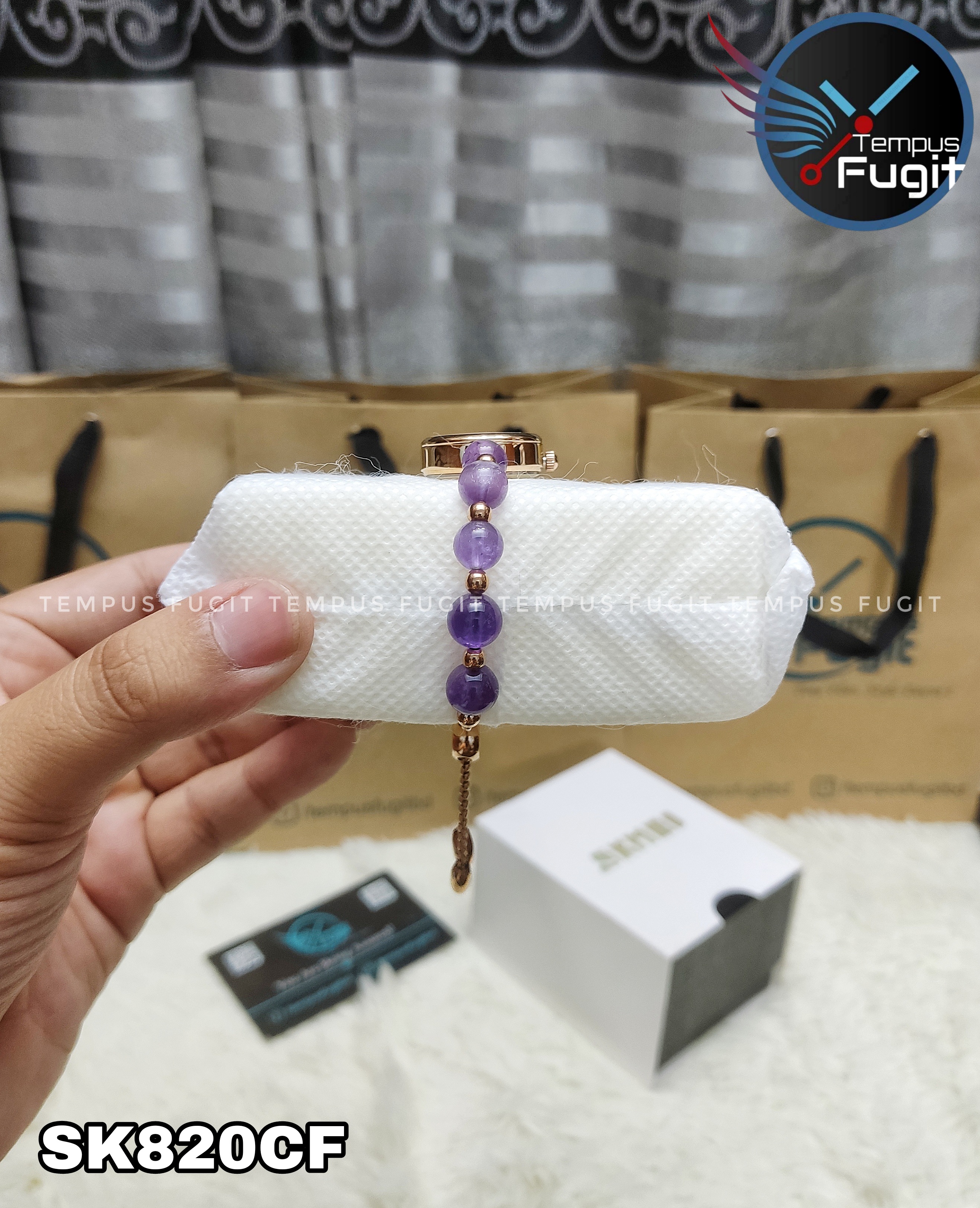 SKMEI 1983 Ladies Pearl Chain Watch - White Dial- Rose Golden Bezel- Purple Pearl+Rose Golden Chain- TF Code SK820CF_img_7