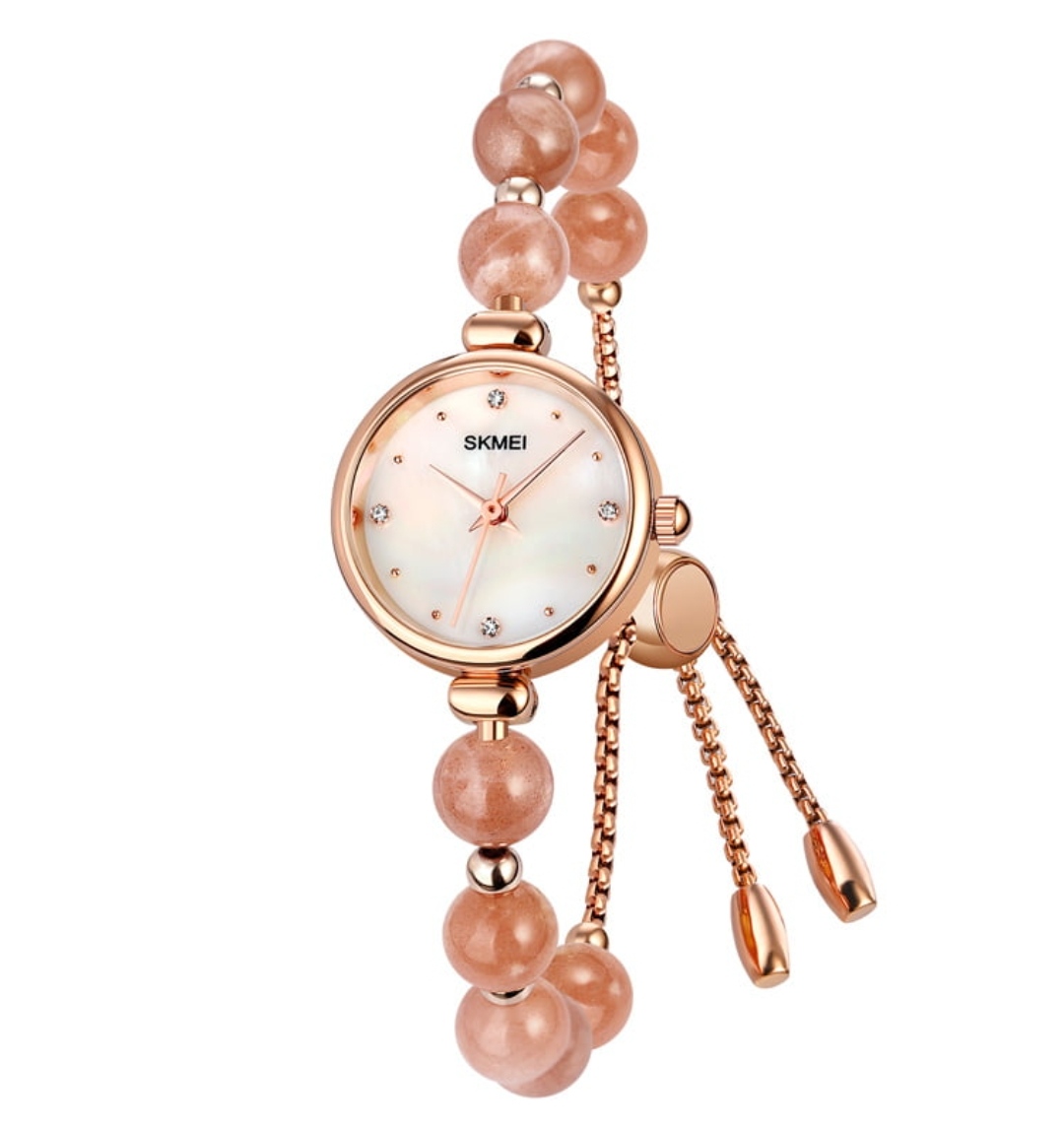 SKMEI 1983 Ladies Pearl Chain Watch - White Dial- Rose Golden Bezel- Light Pink Pearl+Rose Golden Chain- TF Code SK880CF_img_0