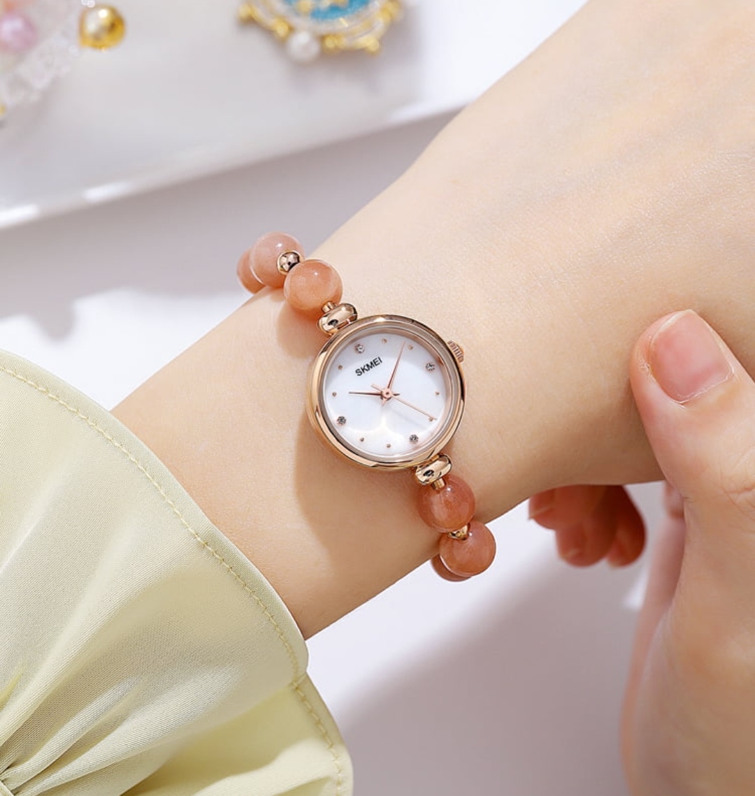 SKMEI 1983 Ladies Pearl Chain Watch - White Dial- Rose Golden Bezel- Light Pink Pearl+Rose Golden Chain- TF Code SK880CF_img_1