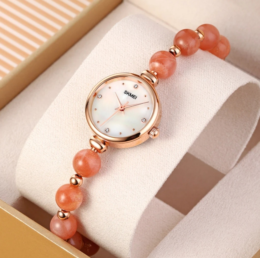SKMEI 1983 Ladies Pearl Chain Watch - White Dial- Rose Golden Bezel- Light Pink Pearl+Rose Golden Chain- TF Code SK880CF_img_2