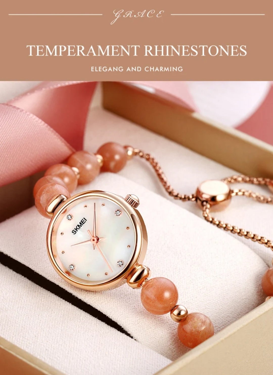SKMEI 1983 Ladies Pearl Chain Watch - White Dial- Rose Golden Bezel- Light Pink Pearl+Rose Golden Chain- TF Code SK880CF_img_3