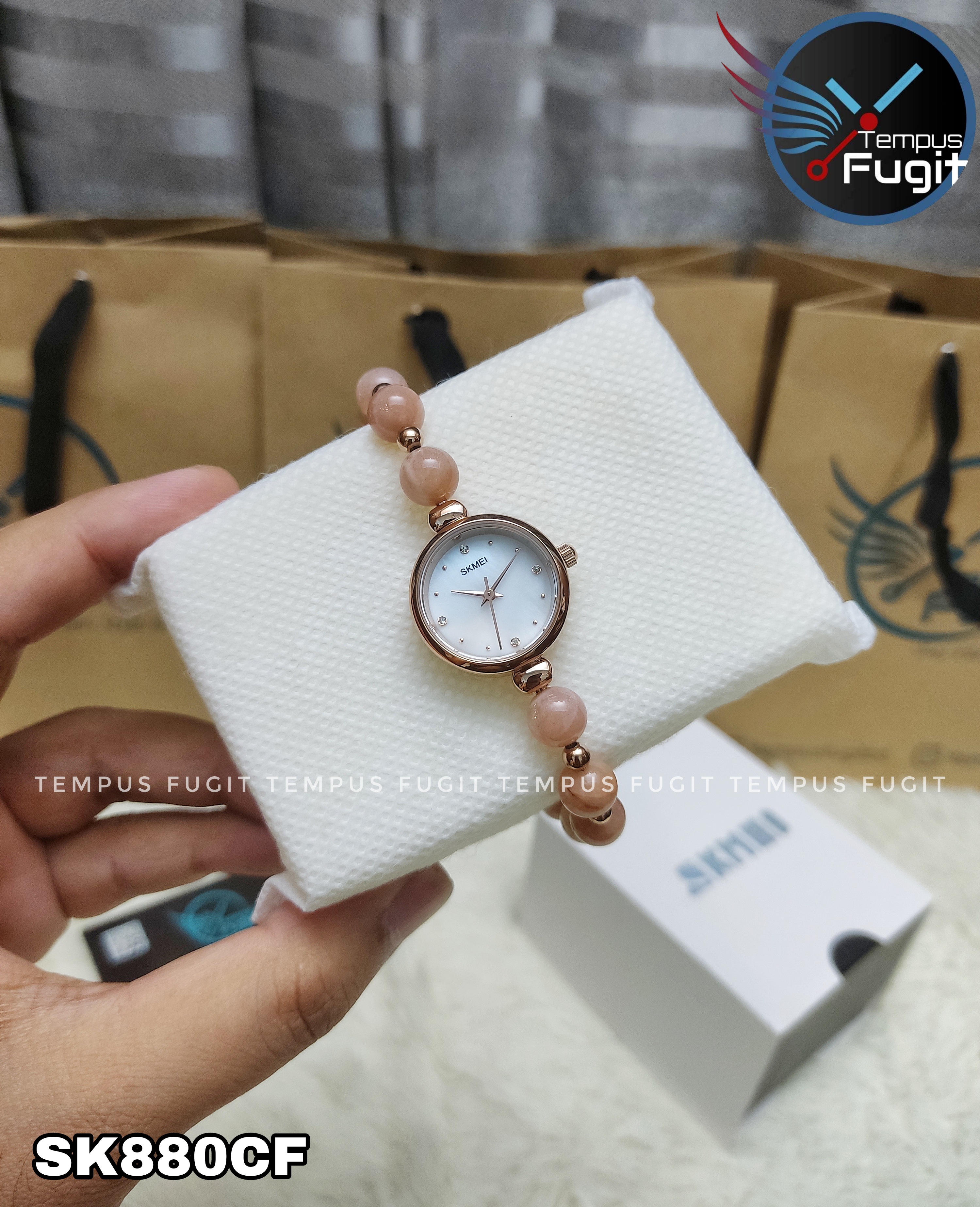 SKMEI 1983 Ladies Pearl Chain Watch - White Dial- Rose Golden Bezel- Light Pink Pearl+Rose Golden Chain- TF Code SK880CF_img_4
