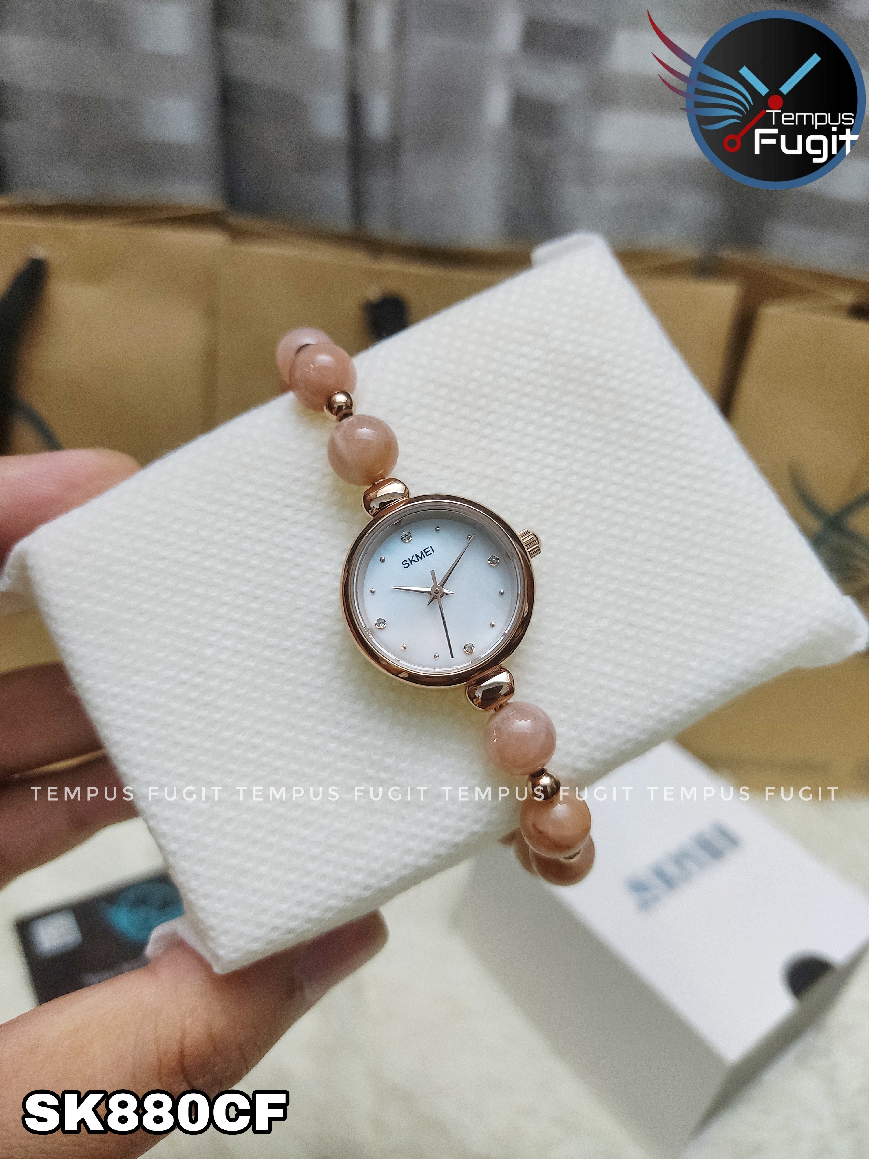 SKMEI 1983 Ladies Pearl Chain Watch - White Dial- Rose Golden Bezel- Light Pink Pearl+Rose Golden Chain- TF Code SK880CF_img_5