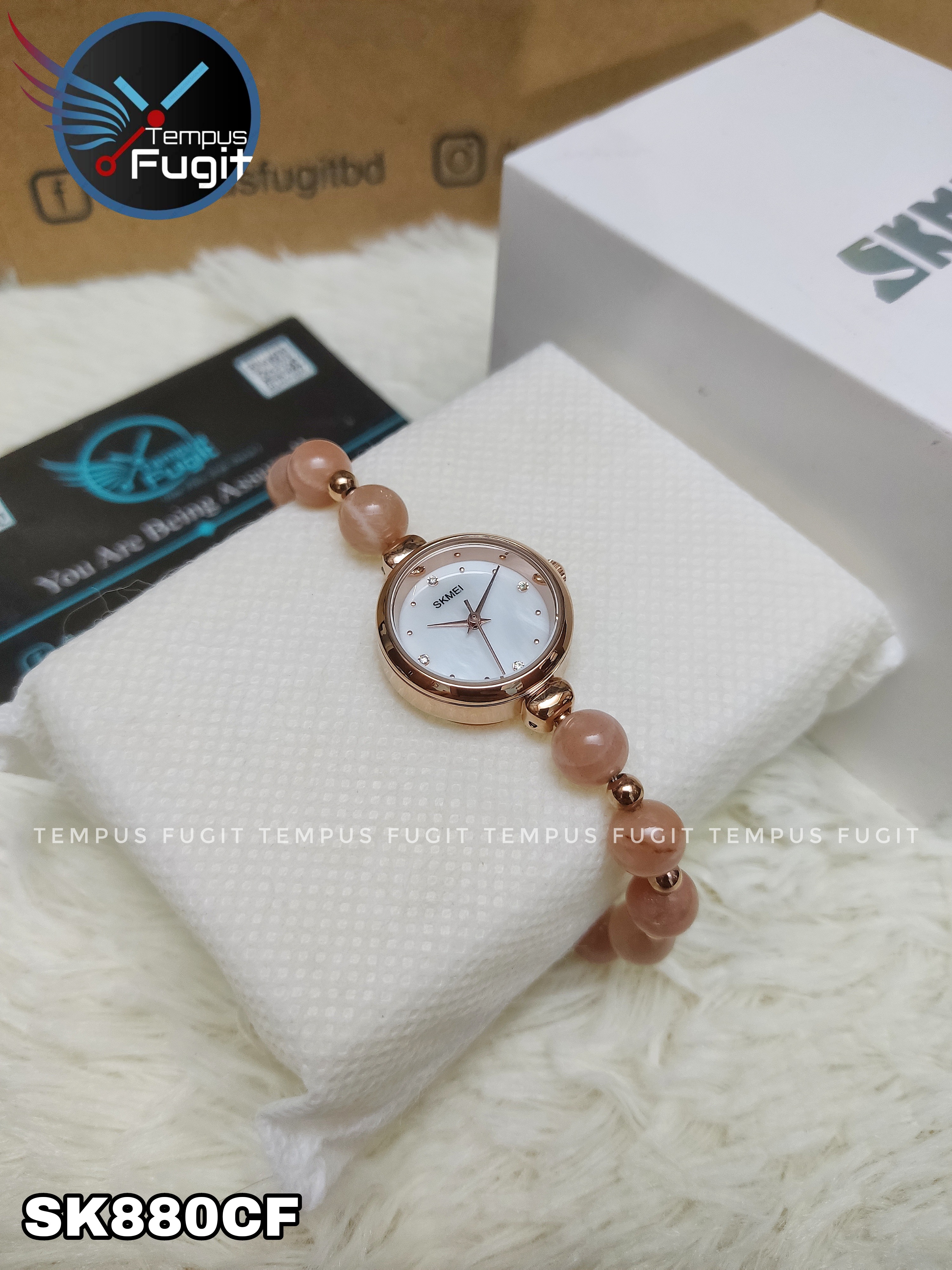 SKMEI 1983 Ladies Pearl Chain Watch - White Dial- Rose Golden Bezel- Light Pink Pearl+Rose Golden Chain- TF Code SK880CF_img_6