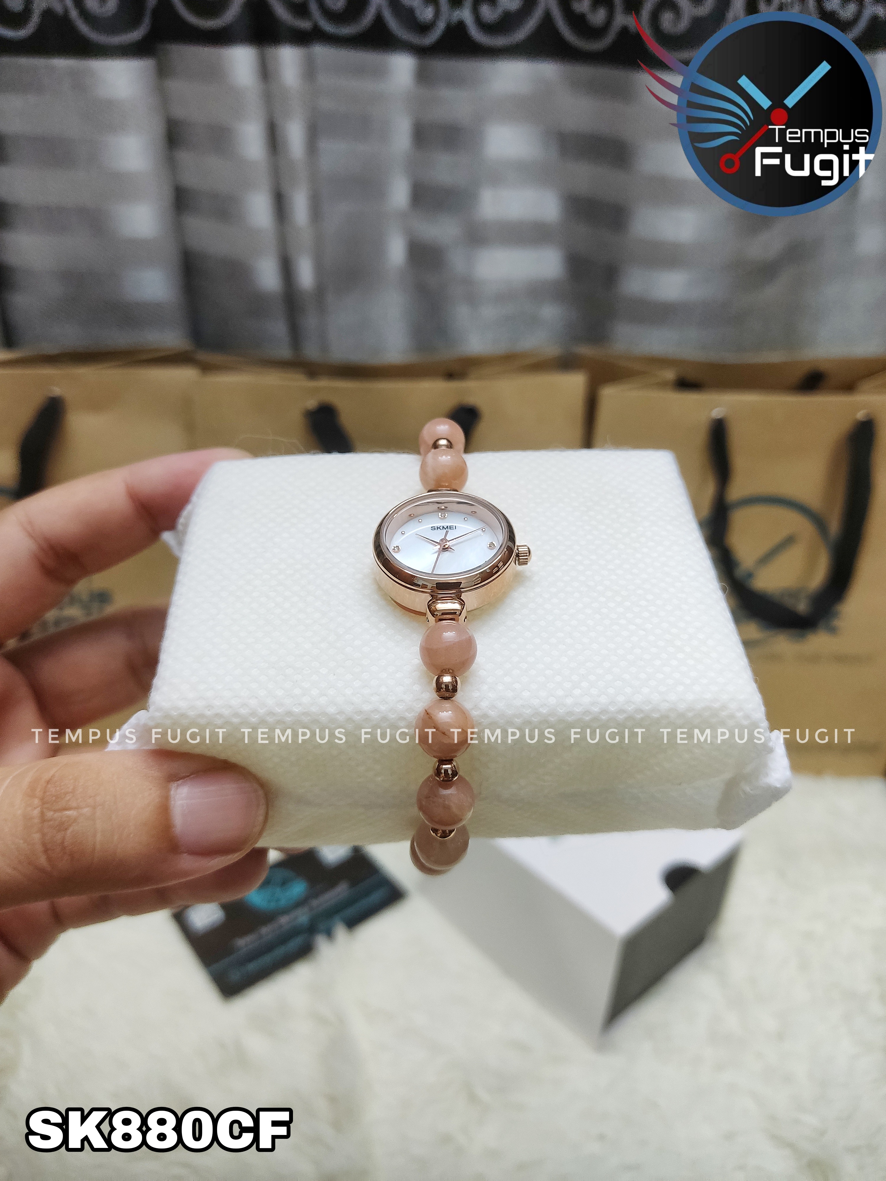 SKMEI 1983 Ladies Pearl Chain Watch - White Dial- Rose Golden Bezel- Light Pink Pearl+Rose Golden Chain- TF Code SK880CF_img_7