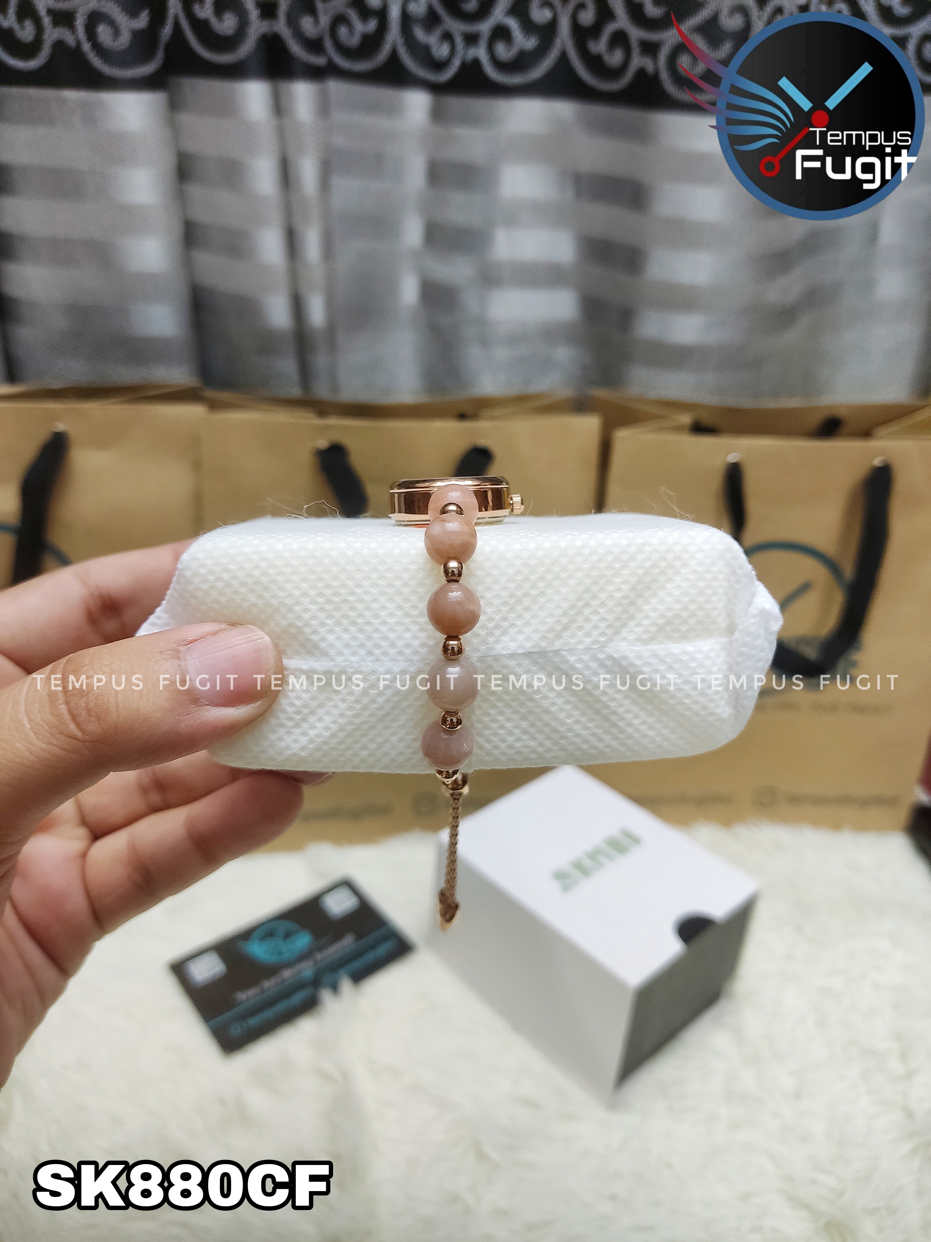 SKMEI 1983 Ladies Pearl Chain Watch - White Dial- Rose Golden Bezel- Light Pink Pearl+Rose Golden Chain- TF Code SK880CF_img_8