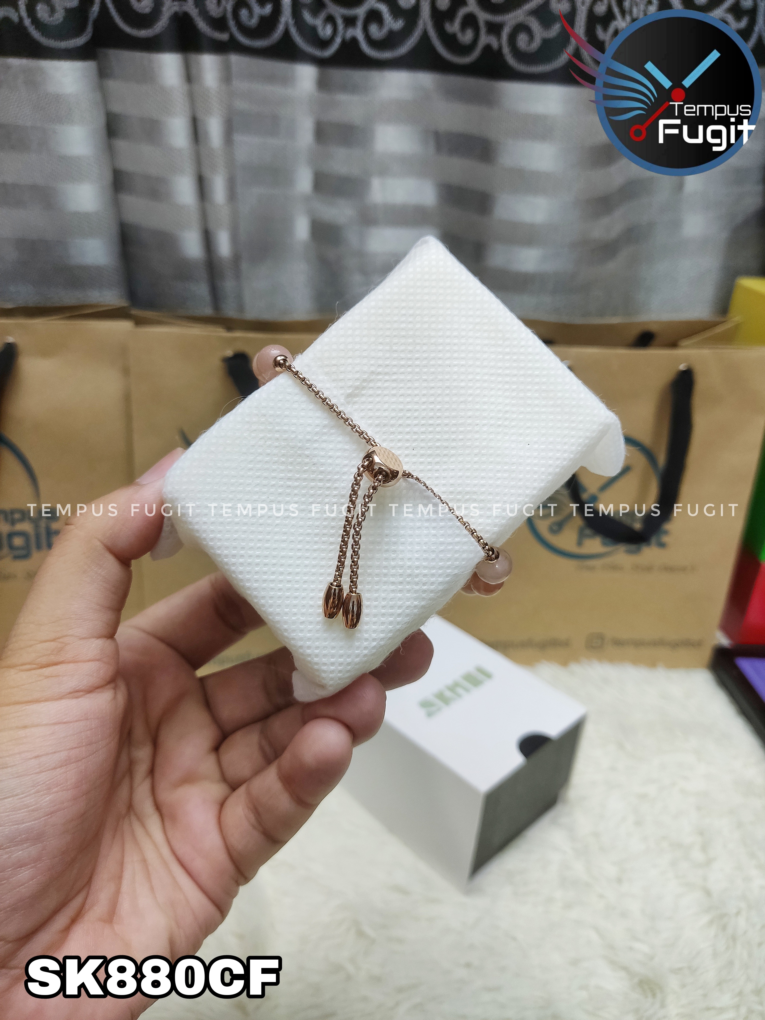 SKMEI 1983 Ladies Pearl Chain Watch - White Dial- Rose Golden Bezel- Light Pink Pearl+Rose Golden Chain- TF Code SK880CF_img_9