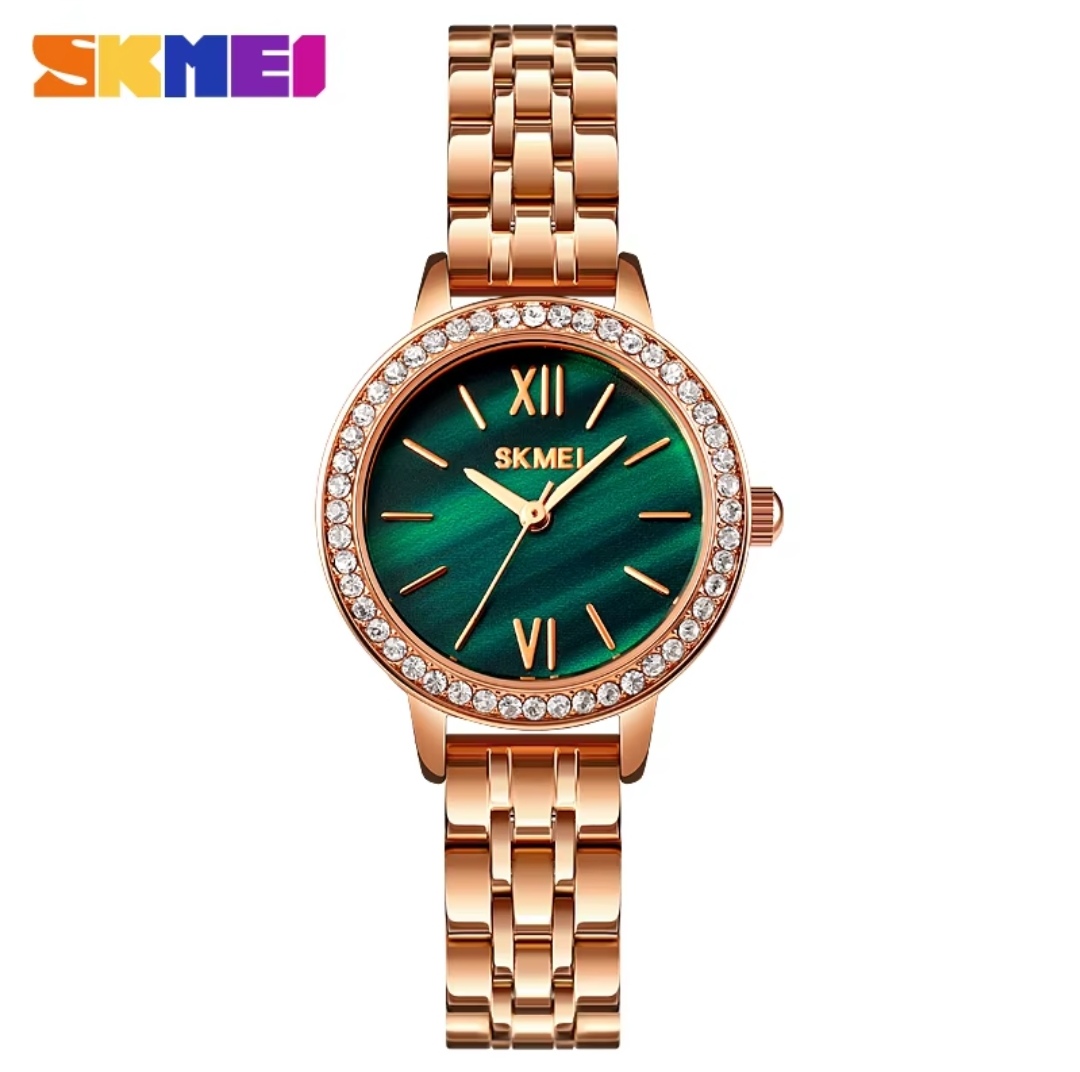 SKMEI 1711 Ladies Chain Watch - Green Dial- Rose Golden Bezel with Embedded Stone- Rose Golden Chain- TF Code SK639CF_img_0