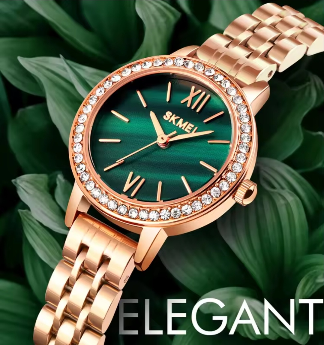 SKMEI 1711 Ladies Chain Watch - Green Dial- Rose Golden Bezel with Embedded Stone- Rose Golden Chain- TF Code SK639CF_img_1