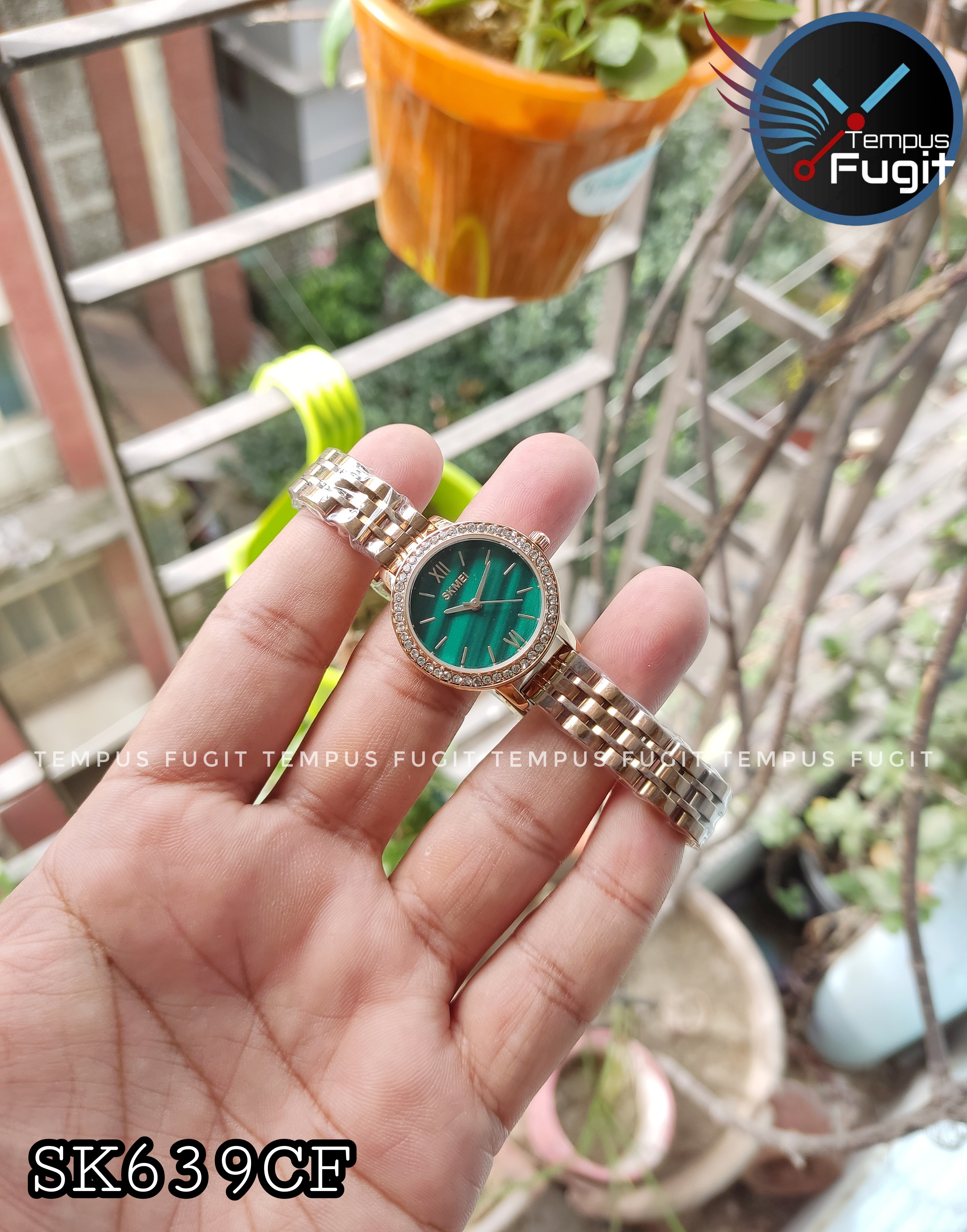 SKMEI 1711 Ladies Chain Watch - Green Dial- Rose Golden Bezel with Embedded Stone- Rose Golden Chain- TF Code SK639CF_img_2