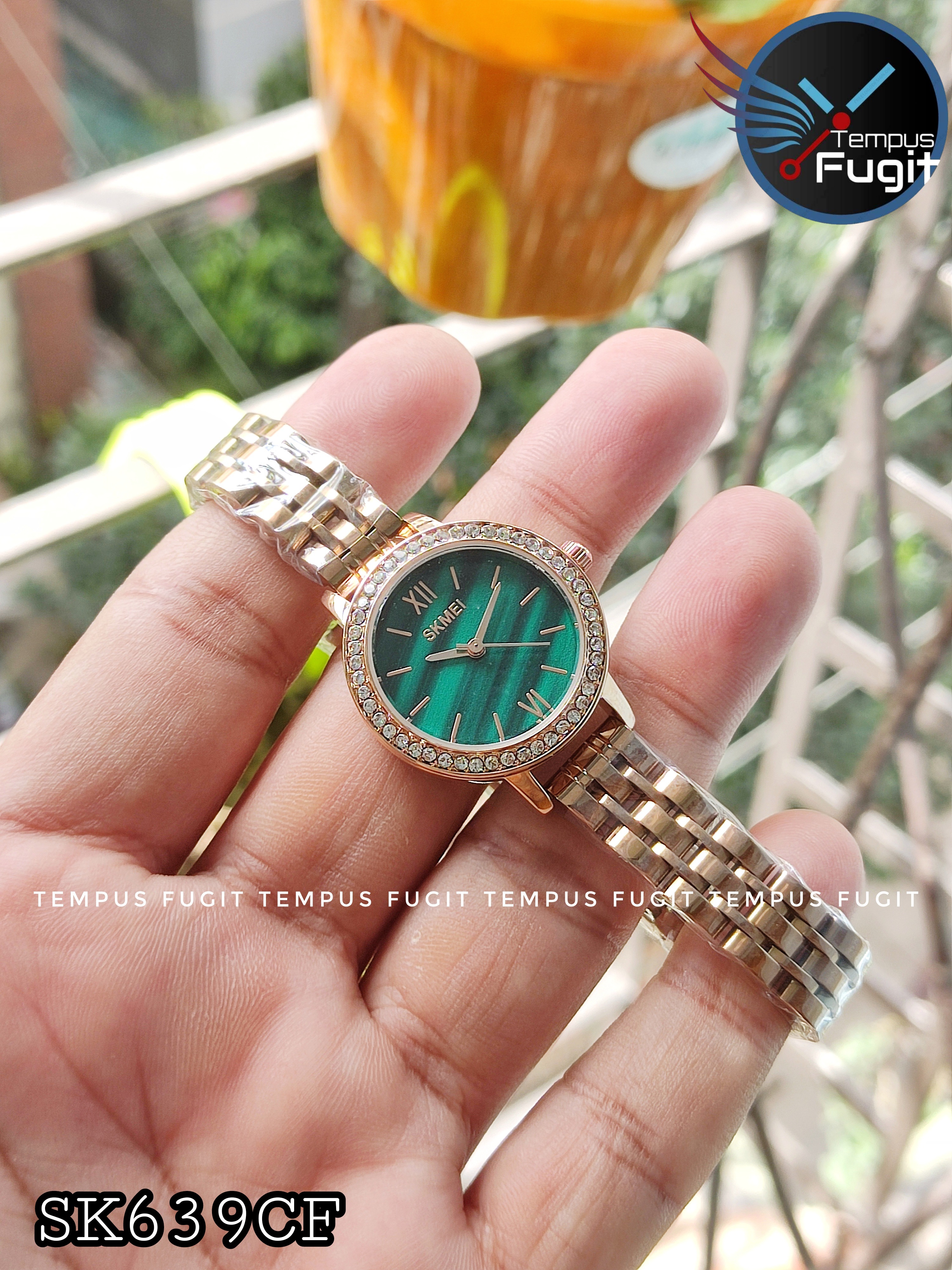 SKMEI 1711 Ladies Chain Watch - Green Dial- Rose Golden Bezel with Embedded Stone- Rose Golden Chain- TF Code SK639CF_img_3