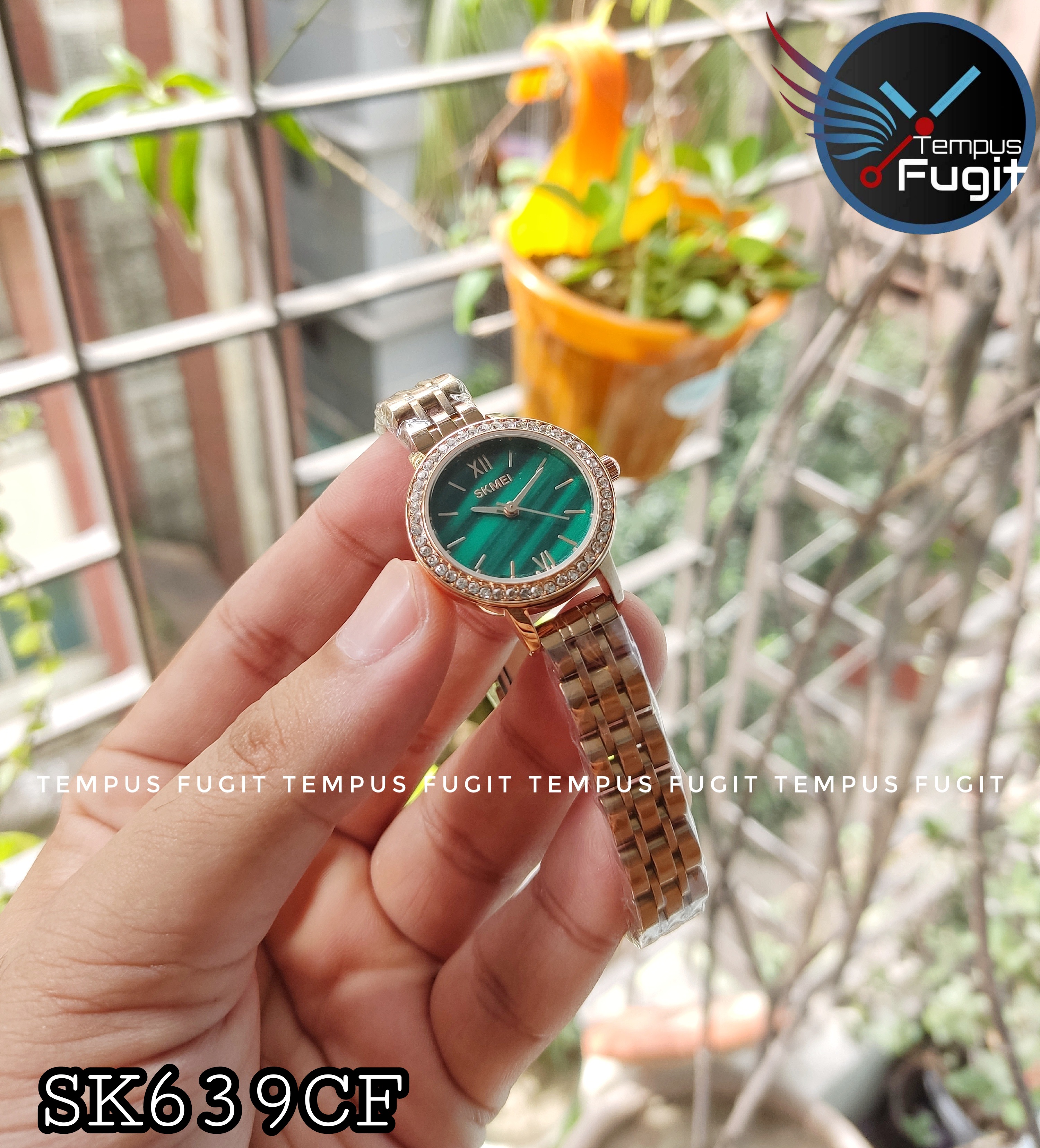 SKMEI 1711 Ladies Chain Watch - Green Dial- Rose Golden Bezel with Embedded Stone- Rose Golden Chain- TF Code SK639CF_img_4