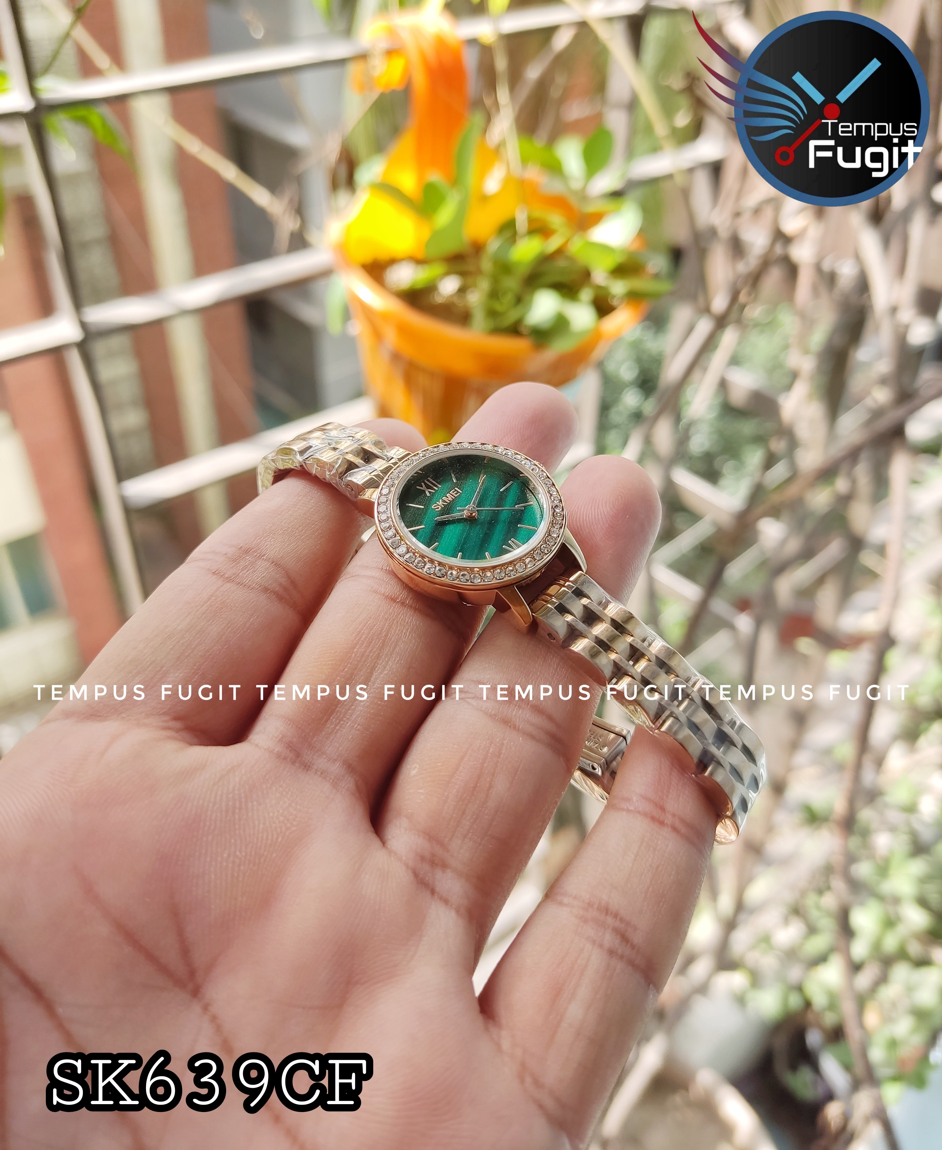 SKMEI 1711 Ladies Chain Watch - Green Dial- Rose Golden Bezel with Embedded Stone- Rose Golden Chain- TF Code SK639CF_img_5