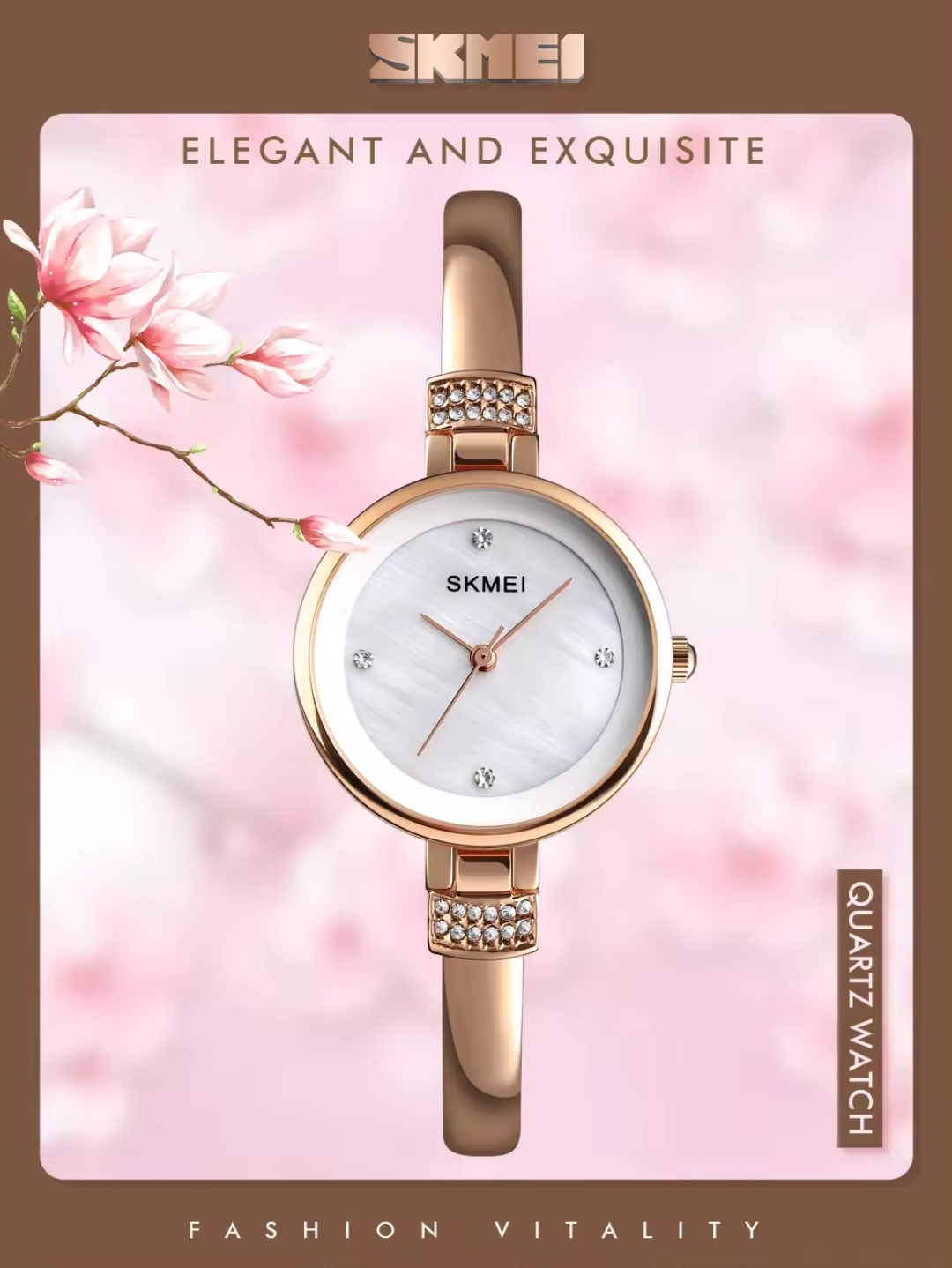 SKMEI 1409 Ladies Chain Watch - Shell White Dial- Rose Golden Bezel- Rose Golden Bracelet+Chain- TF Code SK272CF_img_0