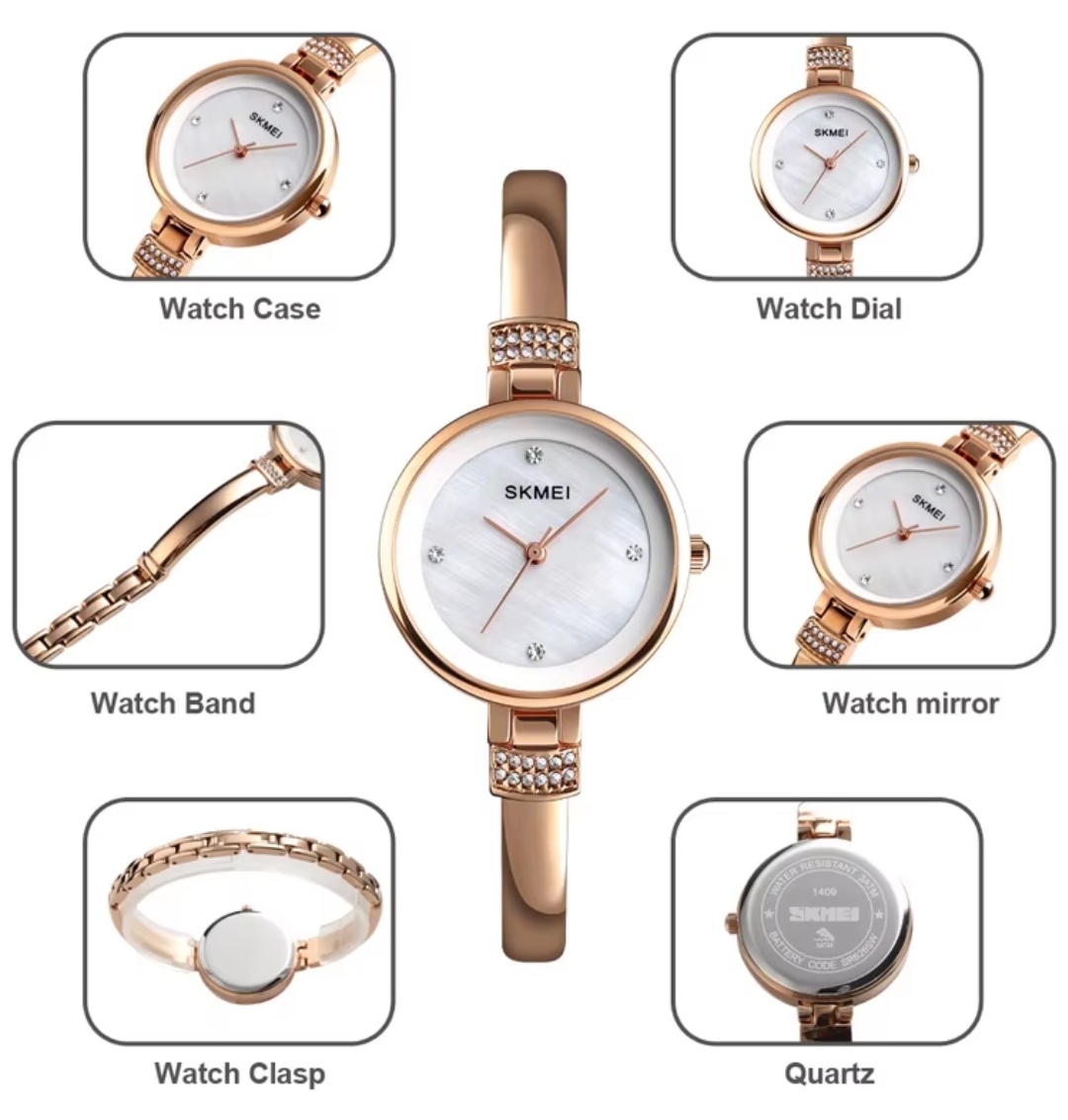 SKMEI 1409 Ladies Chain Watch - Shell White Dial- Rose Golden Bezel- Rose Golden Bracelet+Chain- TF Code SK272CF_img_4