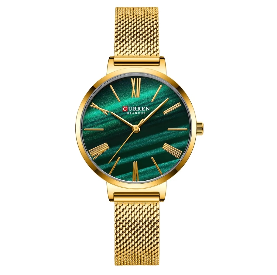 Curren 9076 Ladies Mesh Chain Watch- Green Dial- Golden Bezel- Golden Chain- TF Code CR353CF_img_0