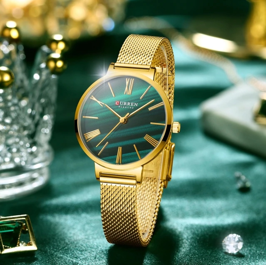 Curren 9076 Ladies Mesh Chain Watch- Green Dial- Golden Bezel- Golden Chain- TF Code CR353CF_img_1