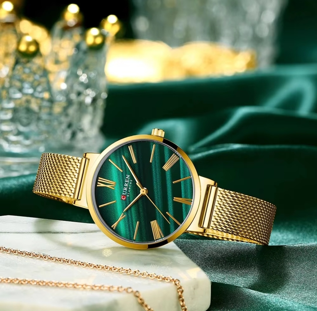 Curren 9076 Ladies Mesh Chain Watch- Green Dial- Golden Bezel- Golden Chain- TF Code CR353CF_img_2