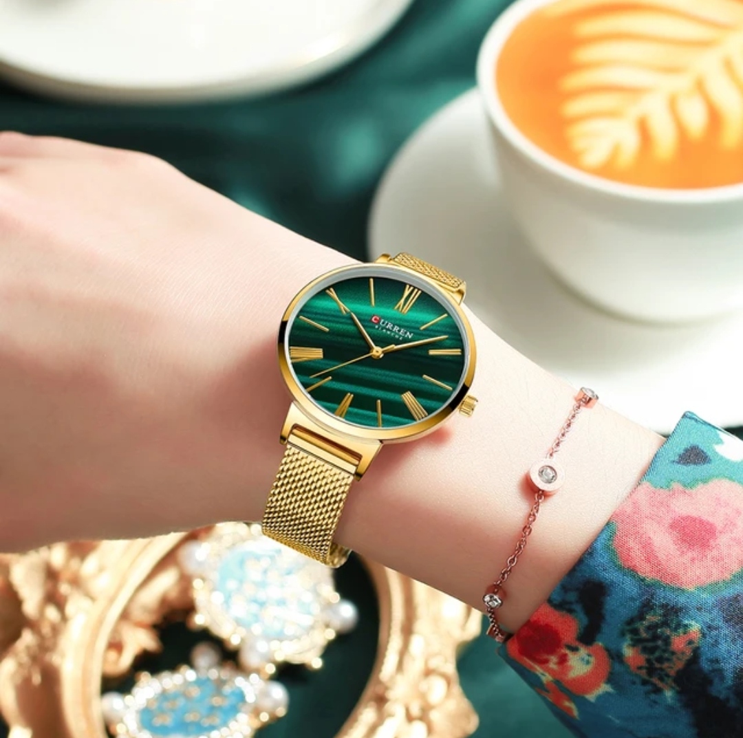 Curren 9076 Ladies Mesh Chain Watch- Green Dial- Golden Bezel- Golden Chain- TF Code CR353CF_img_3