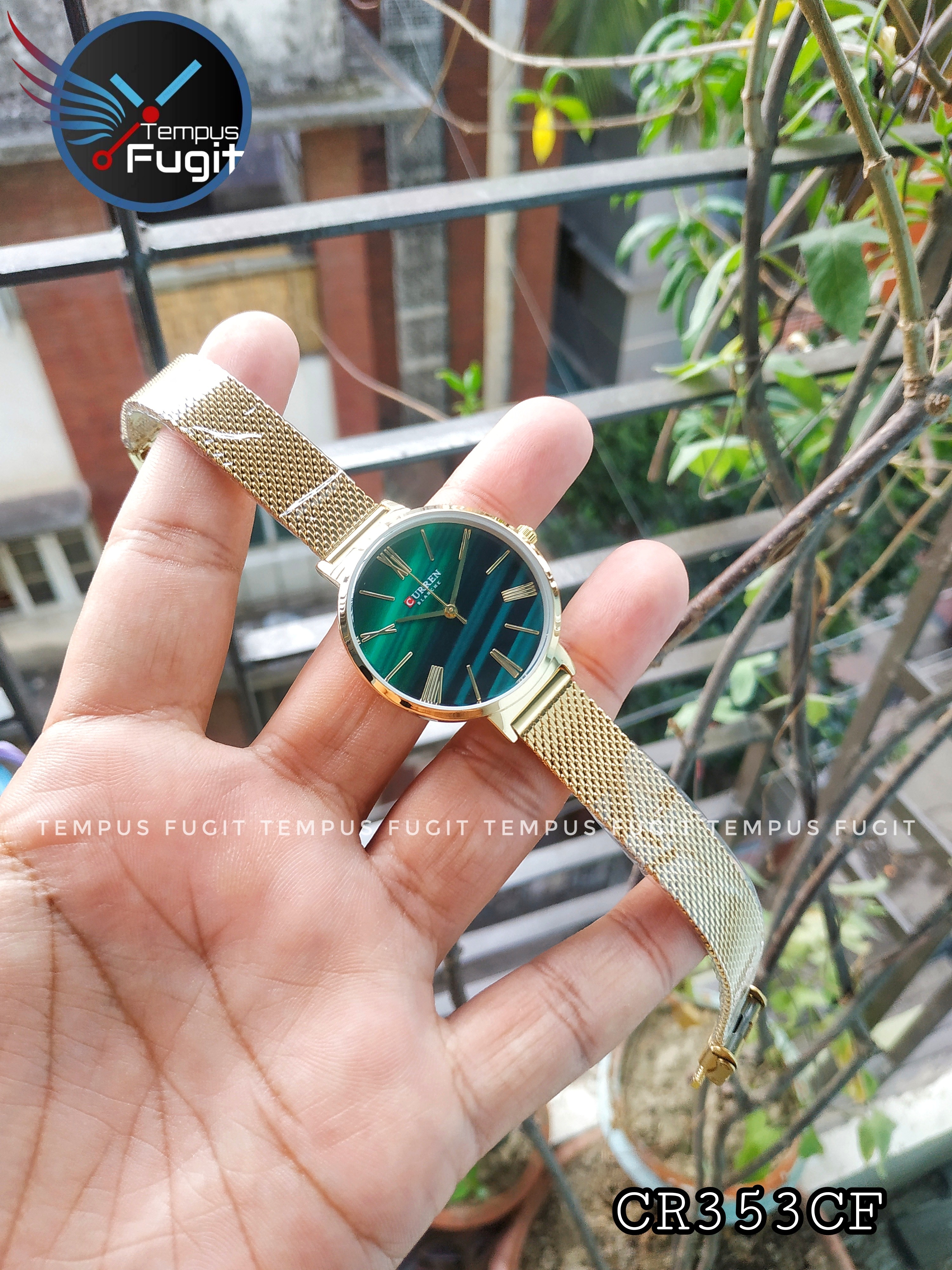 Curren 9076 Ladies Mesh Chain Watch- Green Dial- Golden Bezel- Golden Chain- TF Code CR353CF_img_4