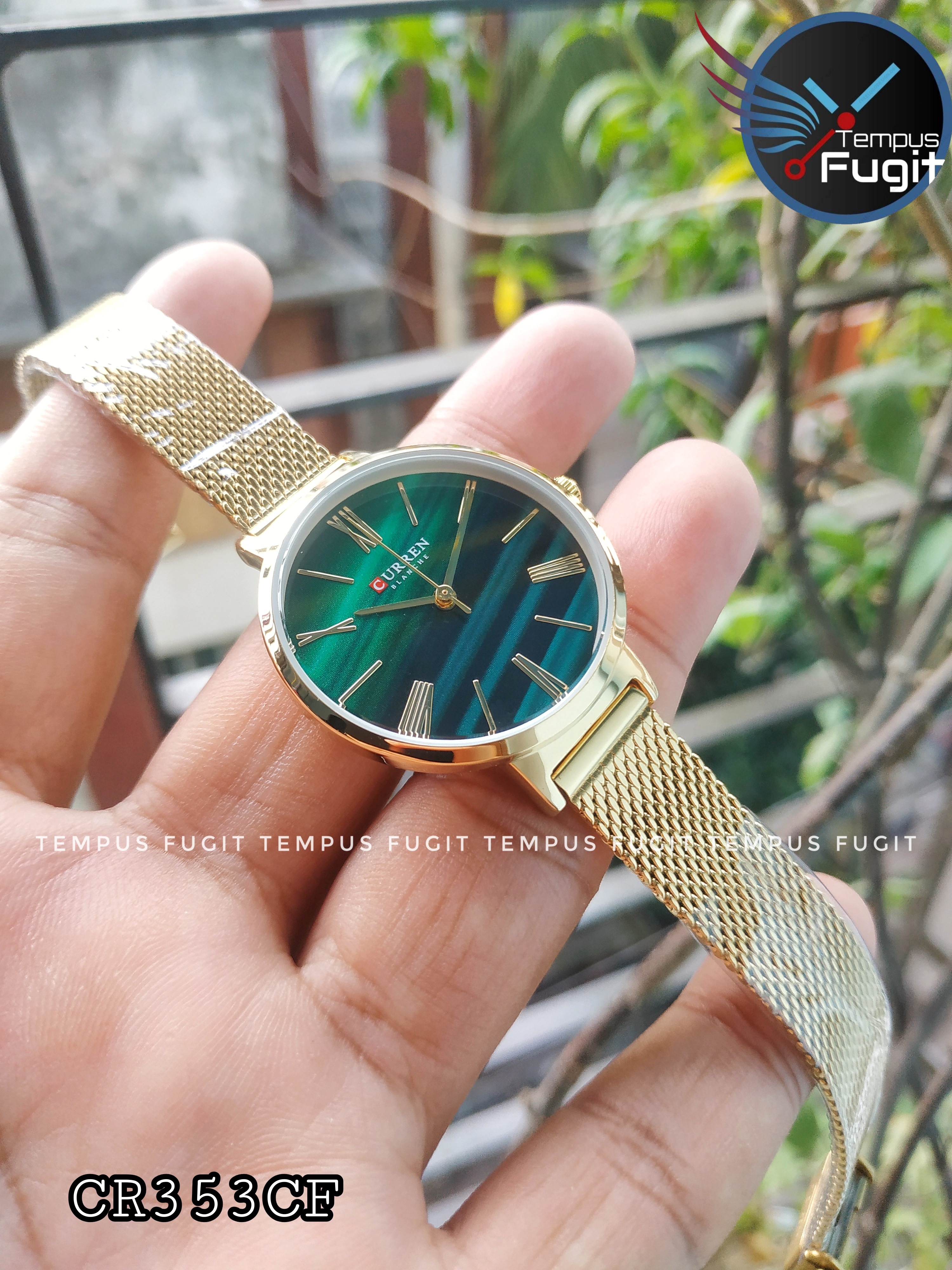 Curren 9076 Ladies Mesh Chain Watch- Green Dial- Golden Bezel- Golden Chain- TF Code CR353CF_img_5