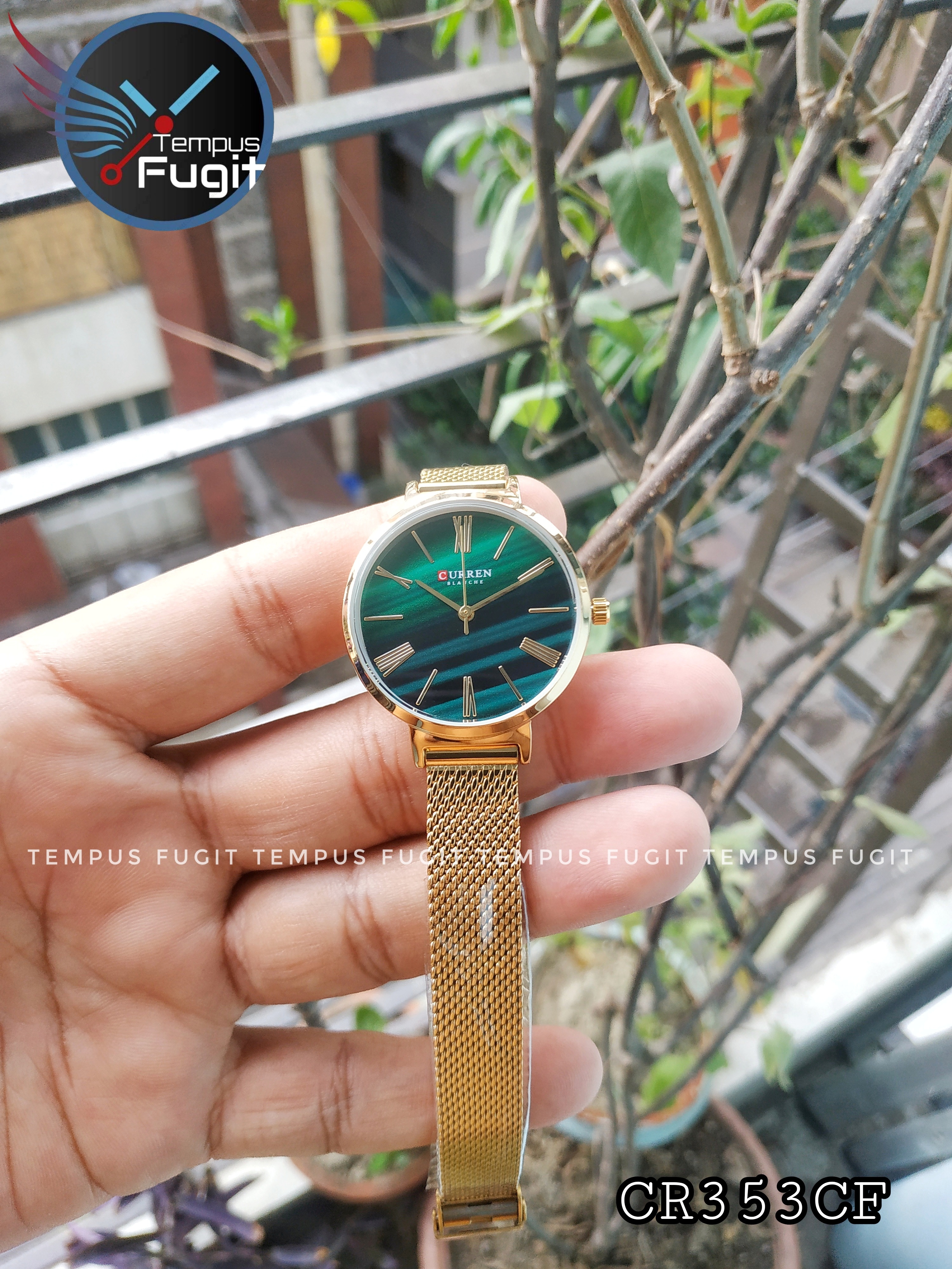 Curren 9076 Ladies Mesh Chain Watch- Green Dial- Golden Bezel- Golden Chain- TF Code CR353CF_img_6