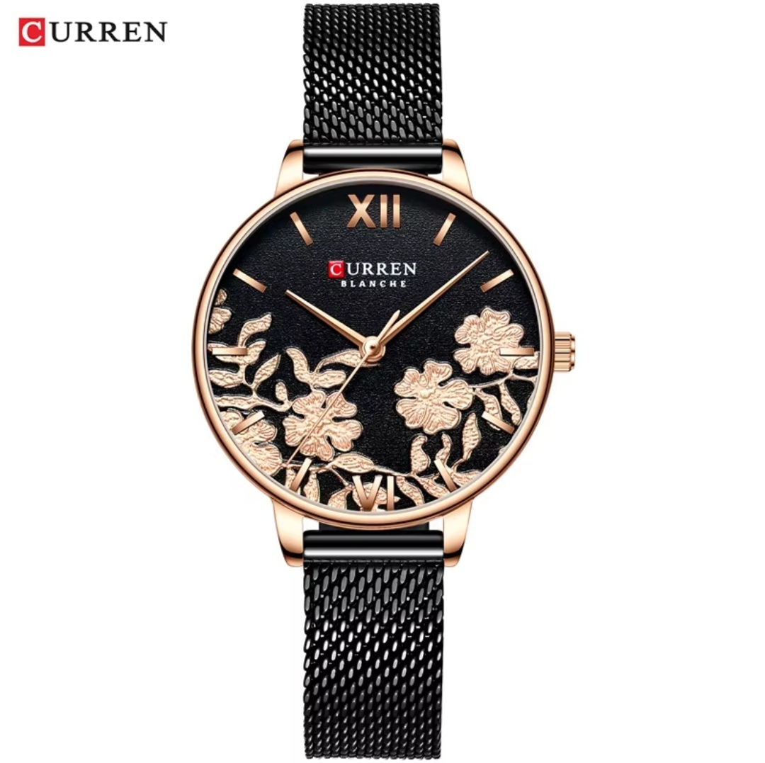 Curren 9065 Ladies Mesh Chain Watch- Black Dial with Rose Golden Floral Work- Rose Golden Bezel- Black Chain- TF Code CR417CF_img_0