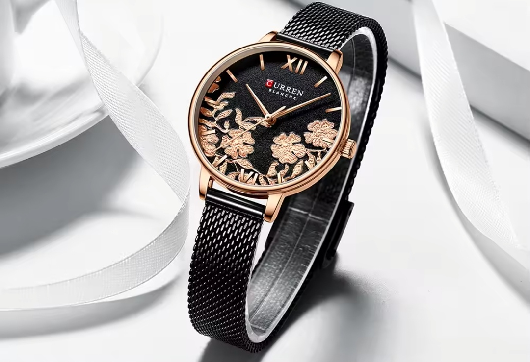 Curren 9065 Ladies Mesh Chain Watch- Black Dial with Rose Golden Floral Work- Rose Golden Bezel- Black Chain- TF Code CR417CF_img_1