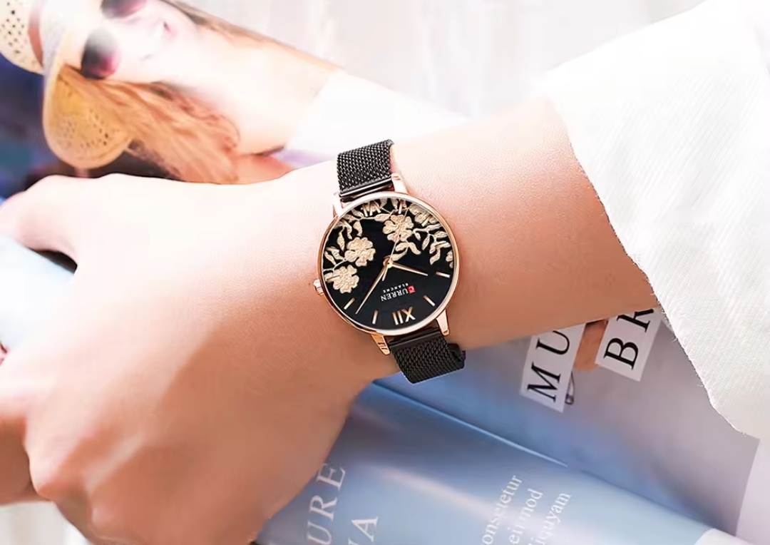 Curren 9065 Ladies Mesh Chain Watch- Black Dial with Rose Golden Floral Work- Rose Golden Bezel- Black Chain- TF Code CR417CF_img_2