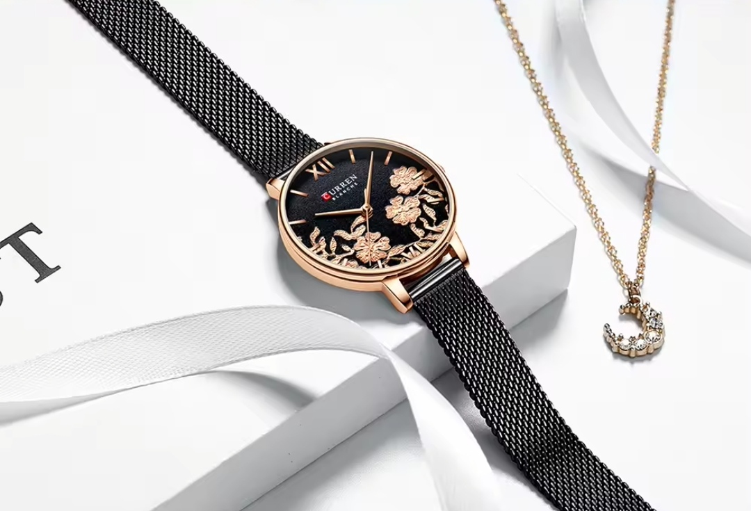 Curren 9065 Ladies Mesh Chain Watch- Black Dial with Rose Golden Floral Work- Rose Golden Bezel- Black Chain- TF Code CR417CF_img_3