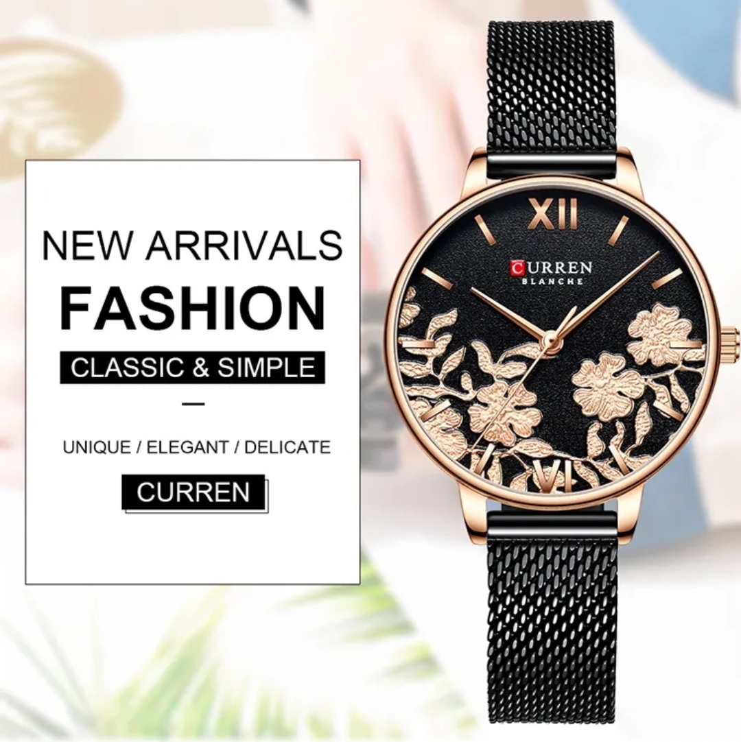 Curren 9065 Ladies Mesh Chain Watch- Black Dial with Rose Golden Floral Work- Rose Golden Bezel- Black Chain- TF Code CR417CF_img_4