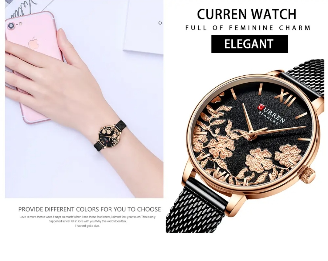 Curren 9065 Ladies Mesh Chain Watch- Black Dial with Rose Golden Floral Work- Rose Golden Bezel- Black Chain- TF Code CR417CF_img_5