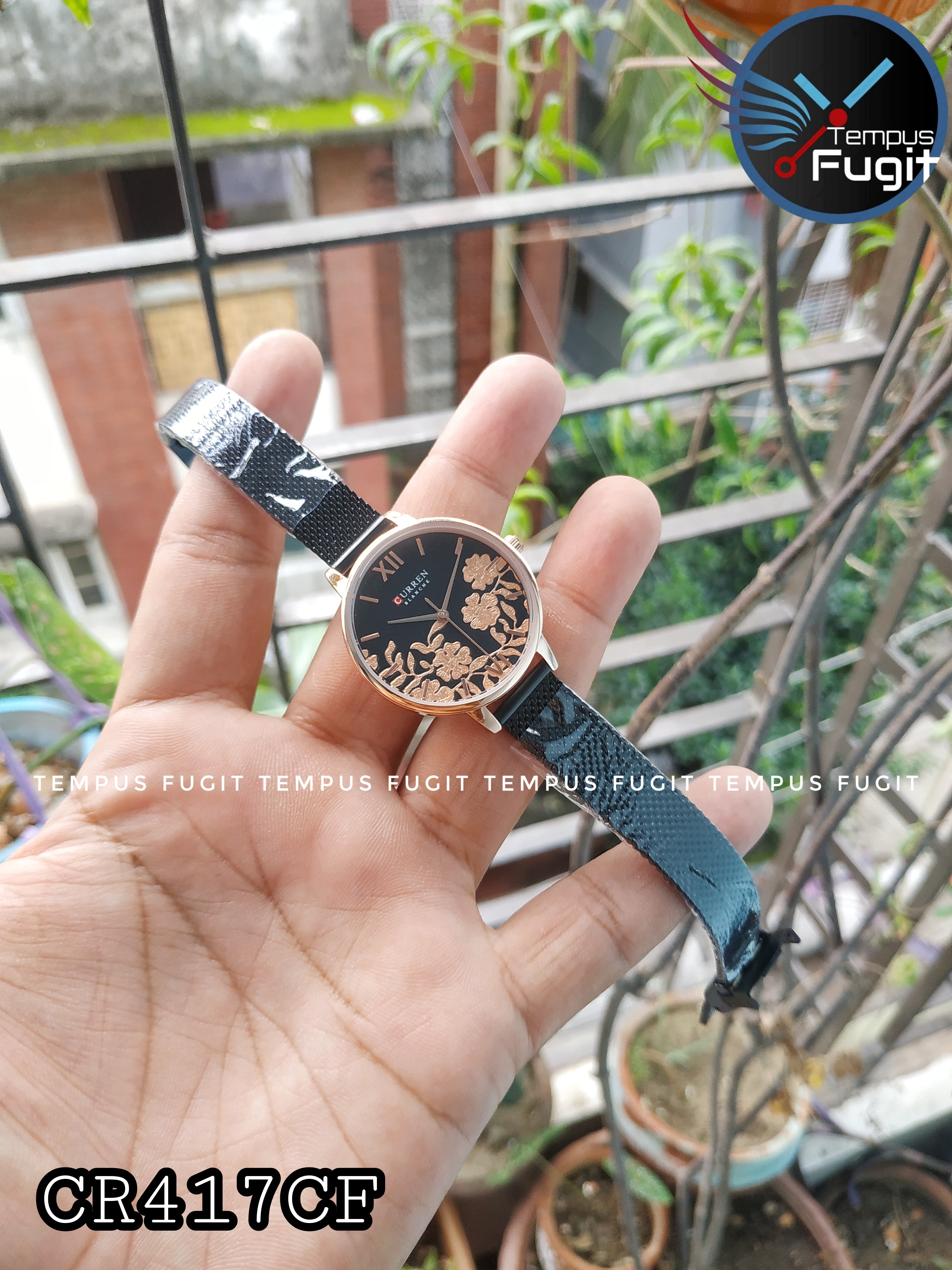 Curren 9065 Ladies Mesh Chain Watch- Black Dial with Rose Golden Floral Work- Rose Golden Bezel- Black Chain- TF Code CR417CF_img_6