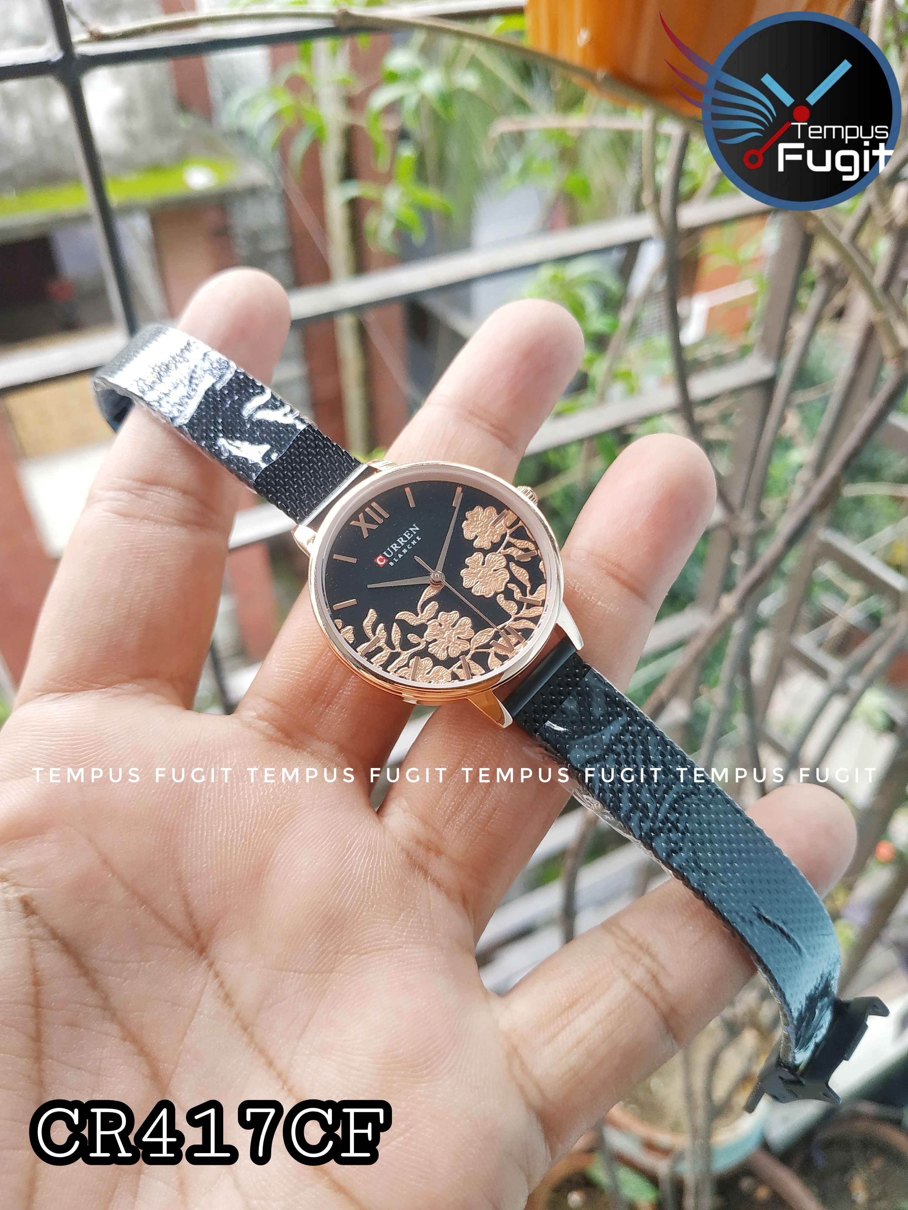 Curren 9065 Ladies Mesh Chain Watch- Black Dial with Rose Golden Floral Work- Rose Golden Bezel- Black Chain- TF Code CR417CF_img_7