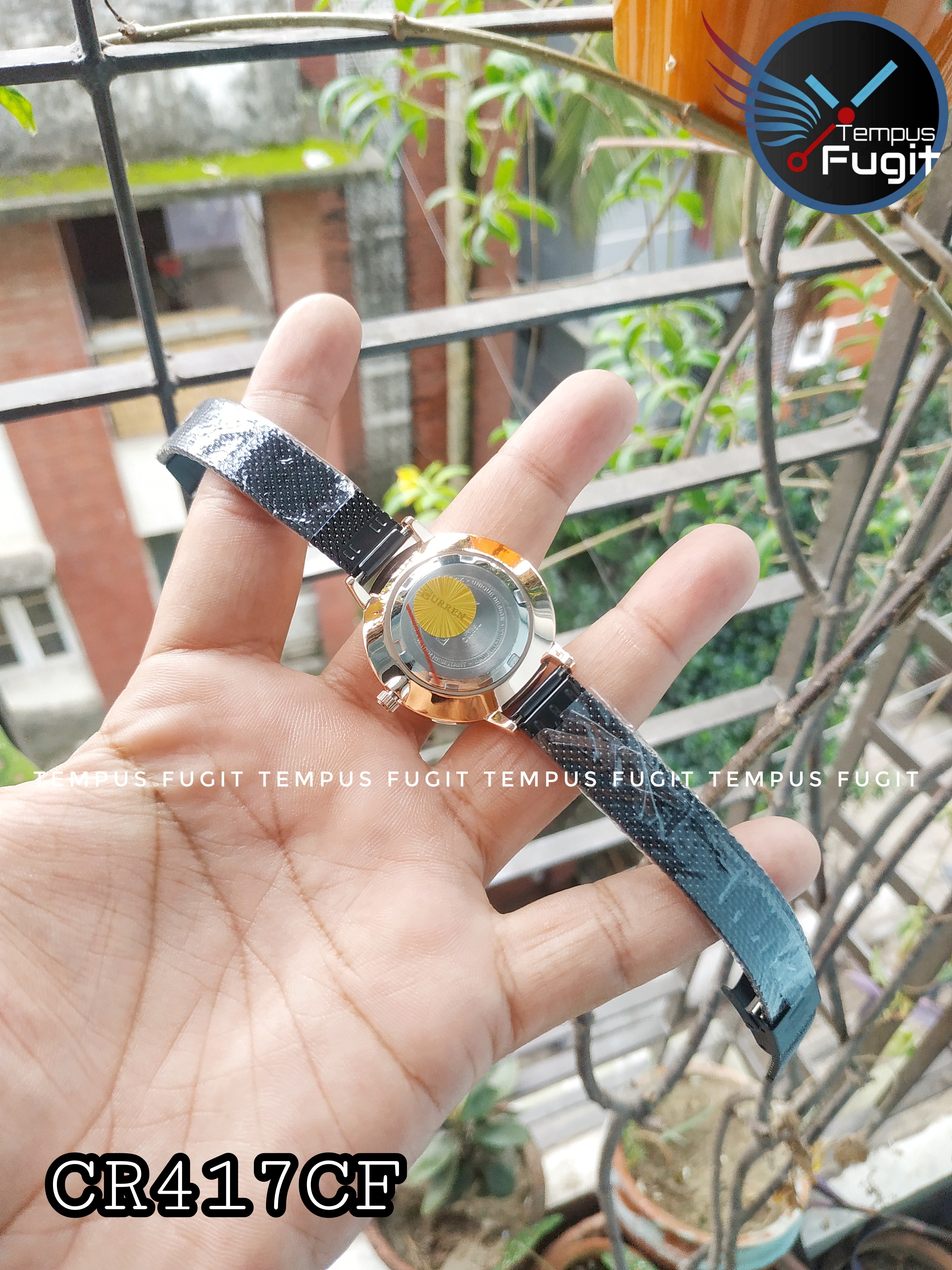 Curren 9065 Ladies Mesh Chain Watch- Black Dial with Rose Golden Floral Work- Rose Golden Bezel- Black Chain- TF Code CR417CF_img_8