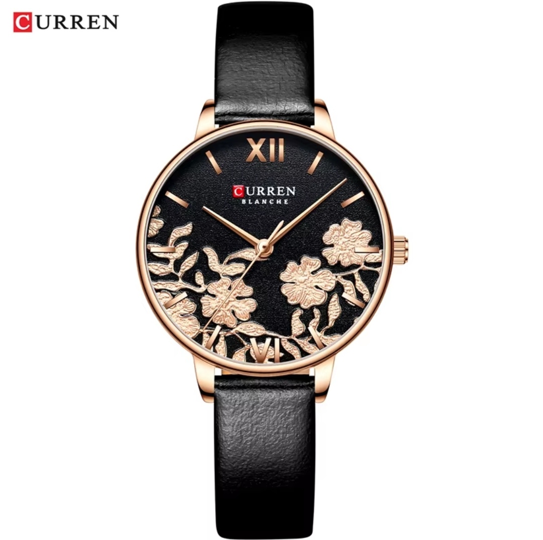 Curren 9065 Ladies Belt Watch- Black Dial with Rose Golden Floral Work- Rose Golden Bezel- Black Belt- TF Code CR753CF_img_0