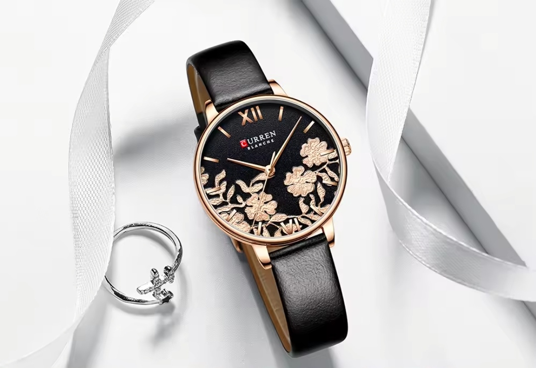 Curren 9065 Ladies Belt Watch- Black Dial with Rose Golden Floral Work- Rose Golden Bezel- Black Belt- TF Code CR753CF_img_1