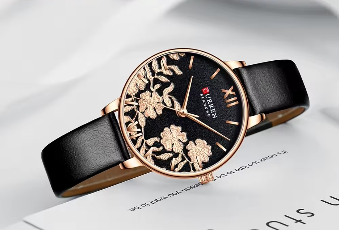 Curren 9065 Ladies Belt Watch- Black Dial with Rose Golden Floral Work- Rose Golden Bezel- Black Belt- TF Code CR753CF_img_2