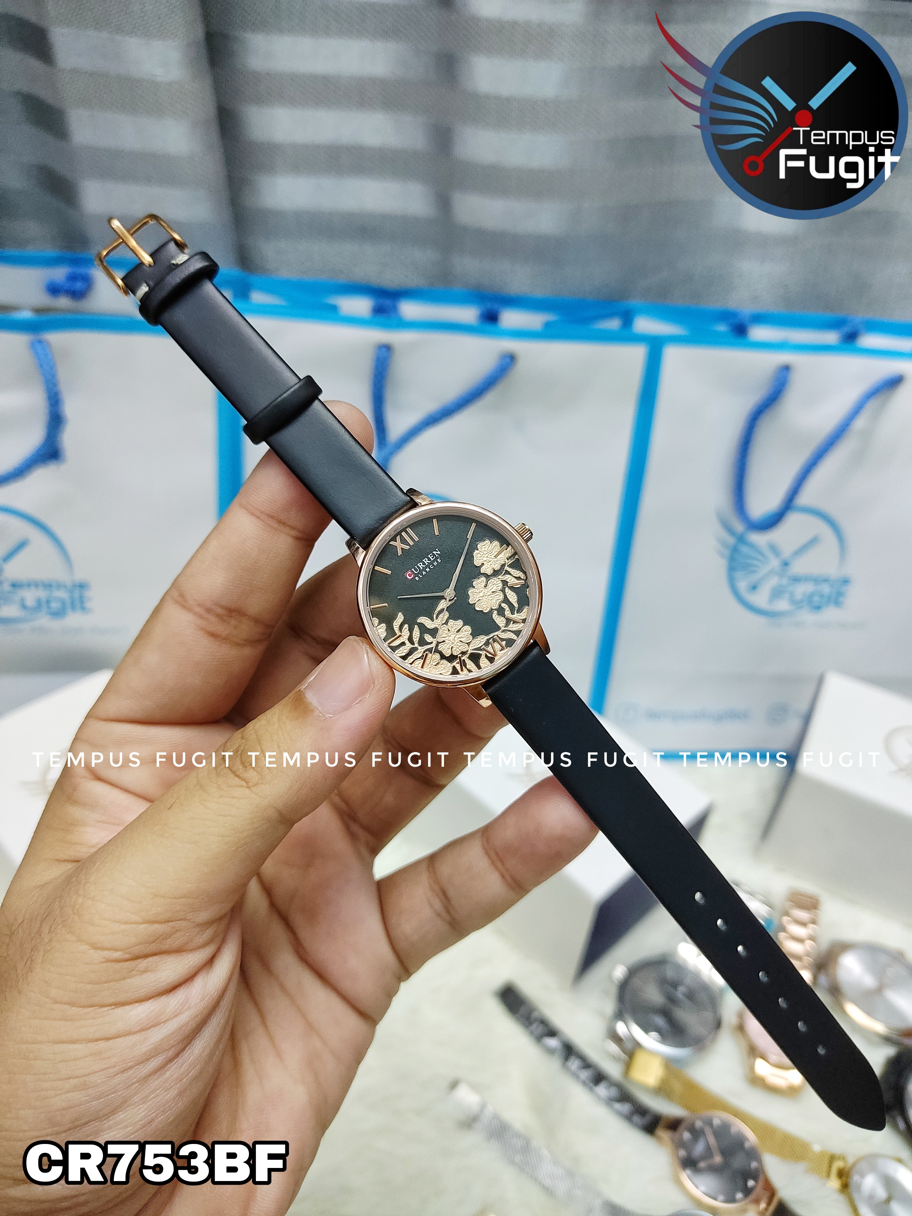 Curren 9065 Ladies Belt Watch- Black Dial with Rose Golden Floral Work- Rose Golden Bezel- Black Belt- TF Code CR753CF_img_4