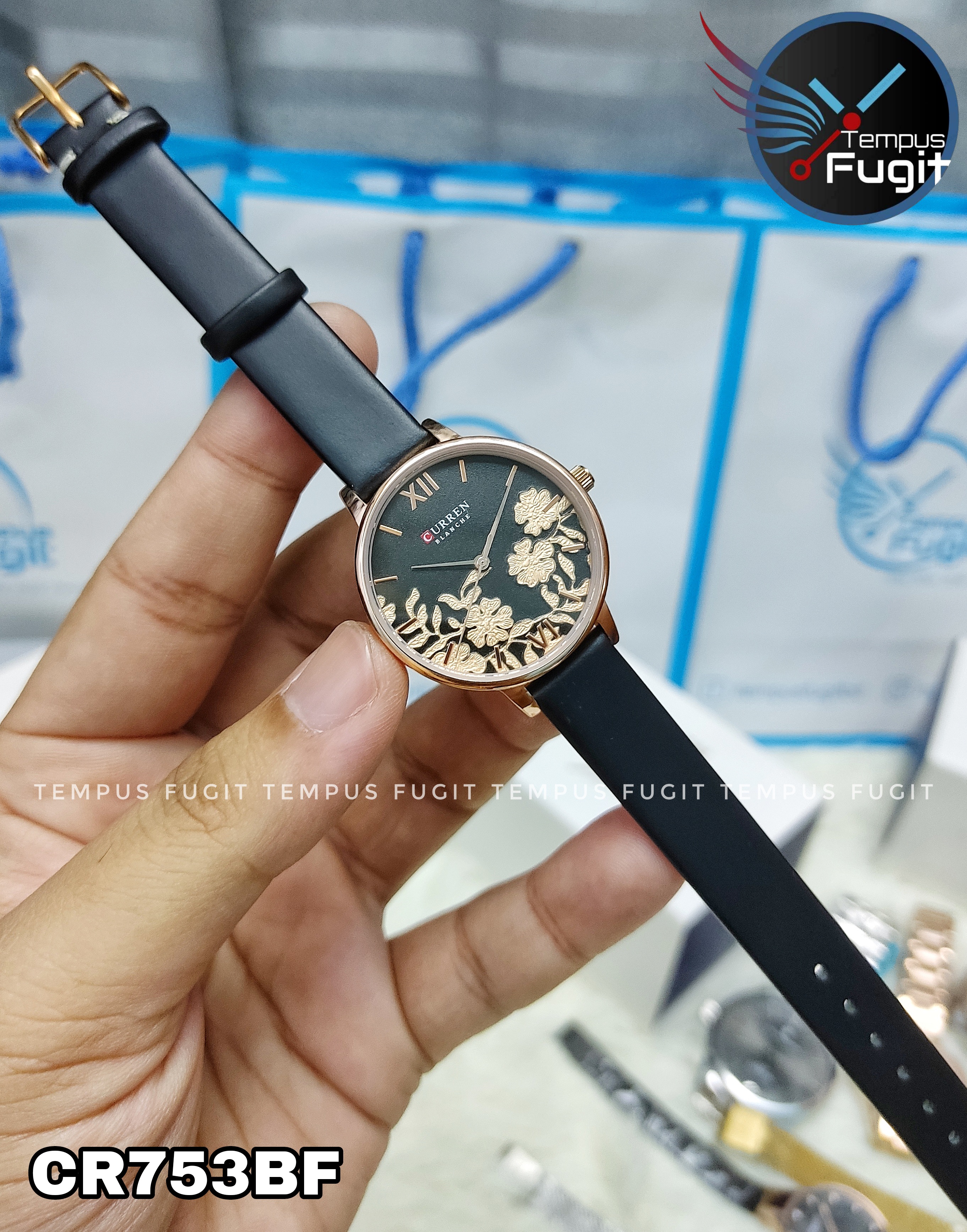 Curren 9065 Ladies Belt Watch- Black Dial with Rose Golden Floral Work- Rose Golden Bezel- Black Belt- TF Code CR753CF_img_5