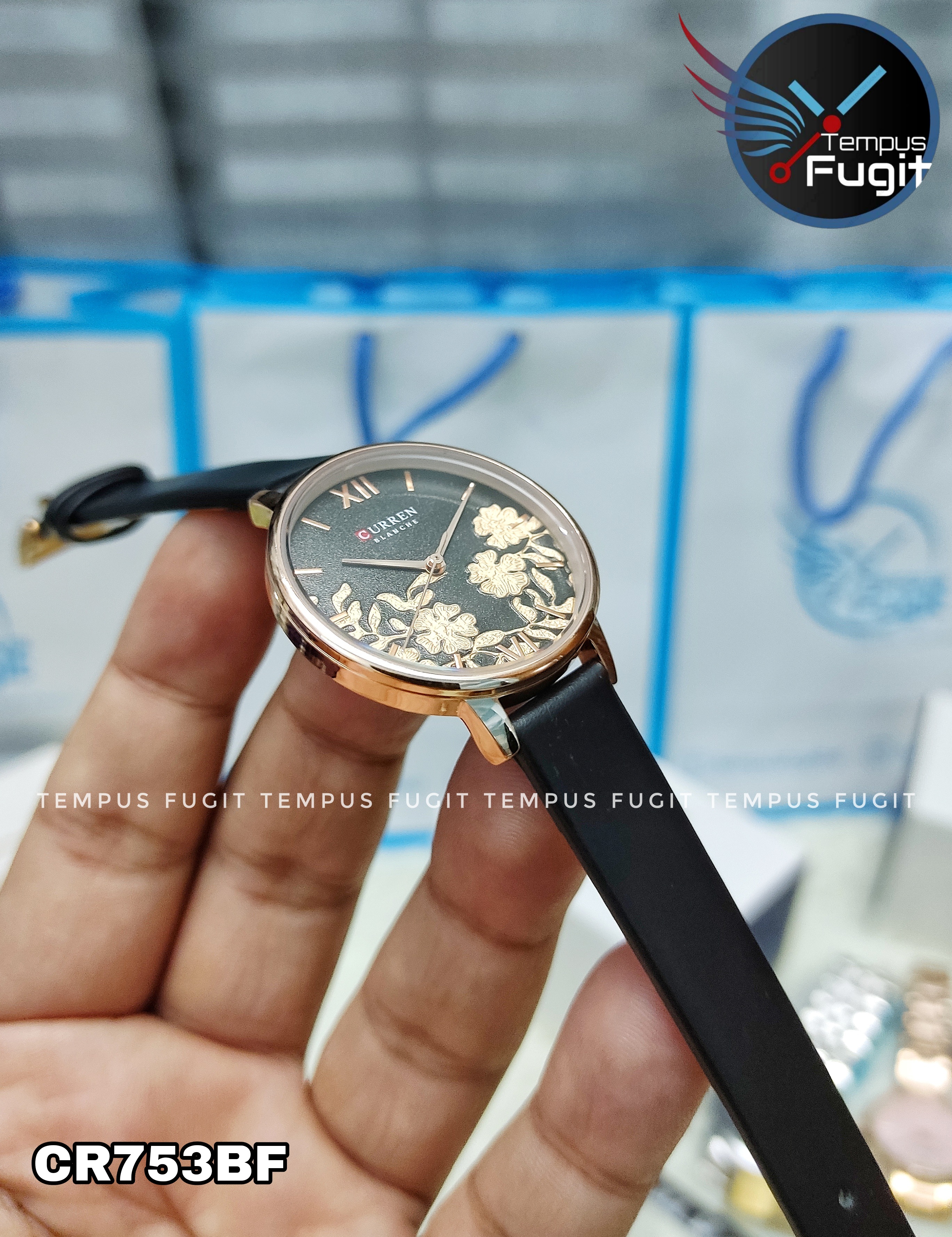 Curren 9065 Ladies Belt Watch- Black Dial with Rose Golden Floral Work- Rose Golden Bezel- Black Belt- TF Code CR753CF_img_6