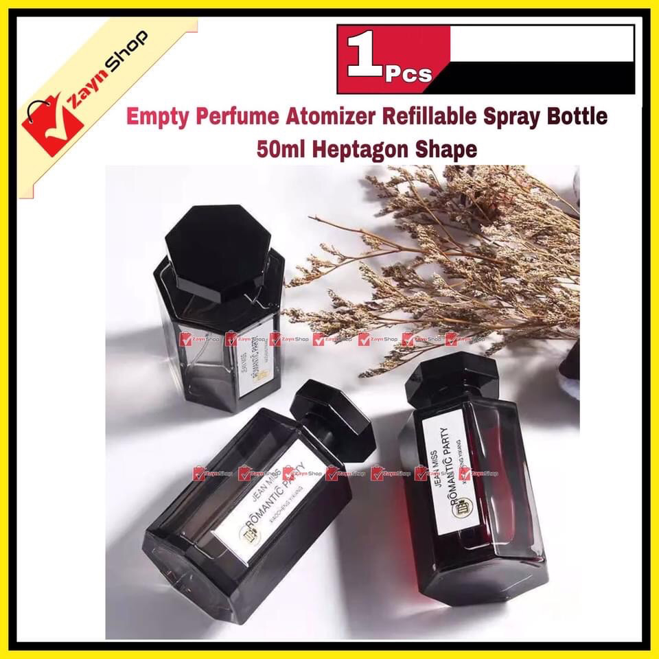 Empty Perfume Atomizer Refillable Spray Bottle 50ml Heptagon Shape Transparent Black Glass 1 pcs_img_0