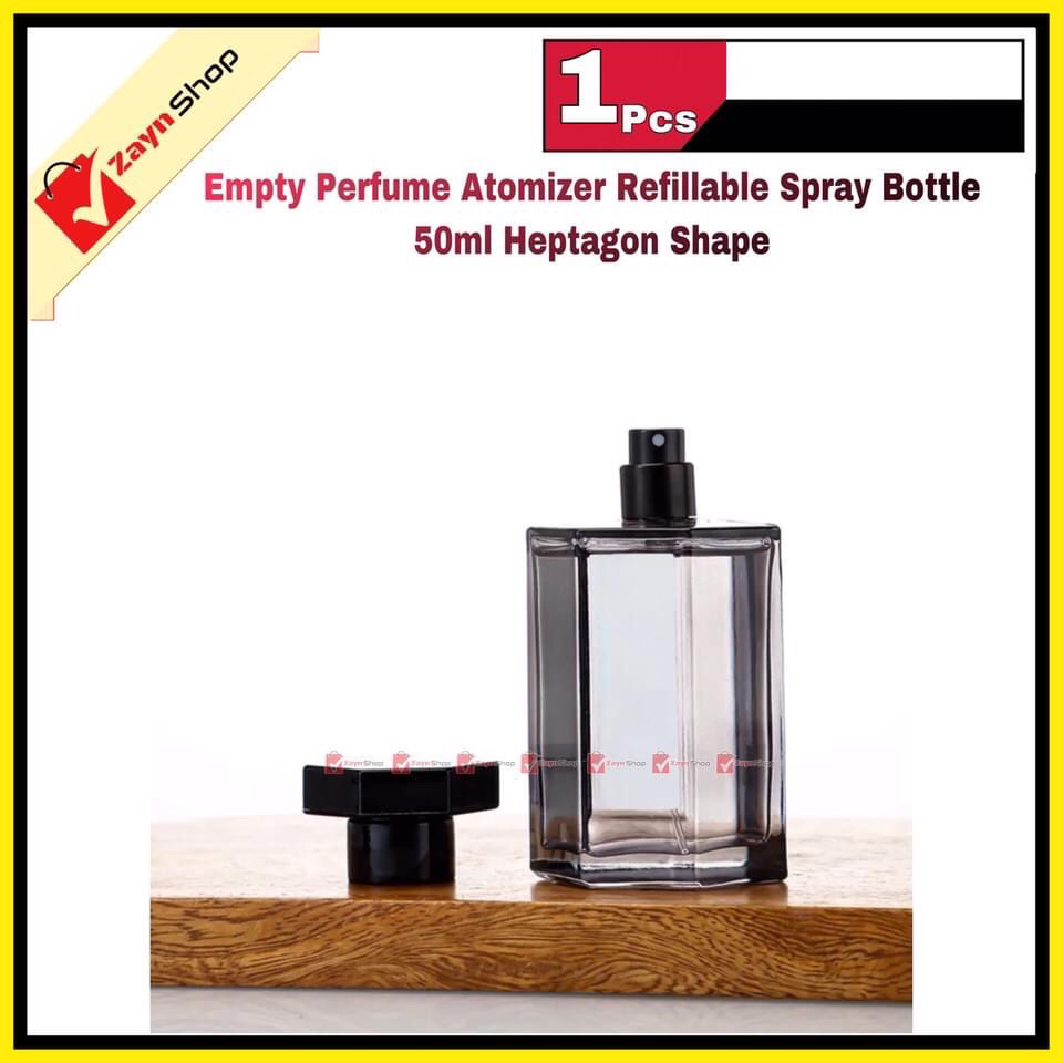 Empty Perfume Atomizer Refillable Spray Bottle 50ml Heptagon Shape Transparent Black Glass 1 pcs_img_1