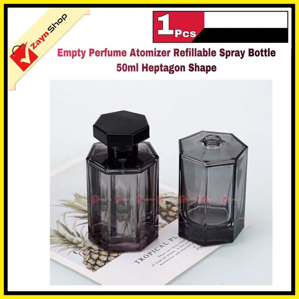 Empty Perfume Atomizer Refillable Spray Bottle 50ml Heptagon Shape Transparent Black Glass 1 pcs_img_2